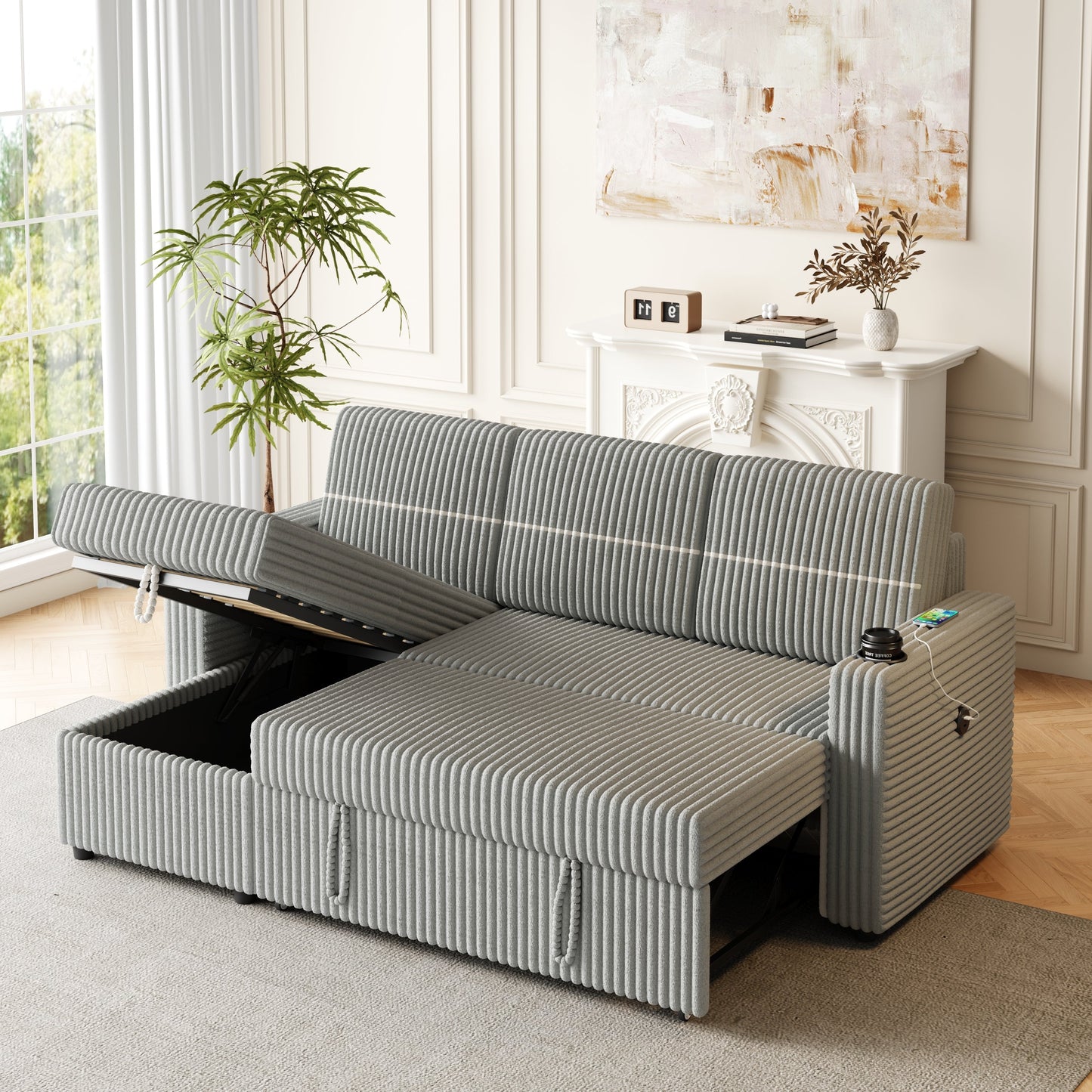 85 Inches Corduroy Sofa Bed, 3 Seater Sleeper Sofa With Storage Chaise, Square Handrail With Two Cup-Holder and USB Charger