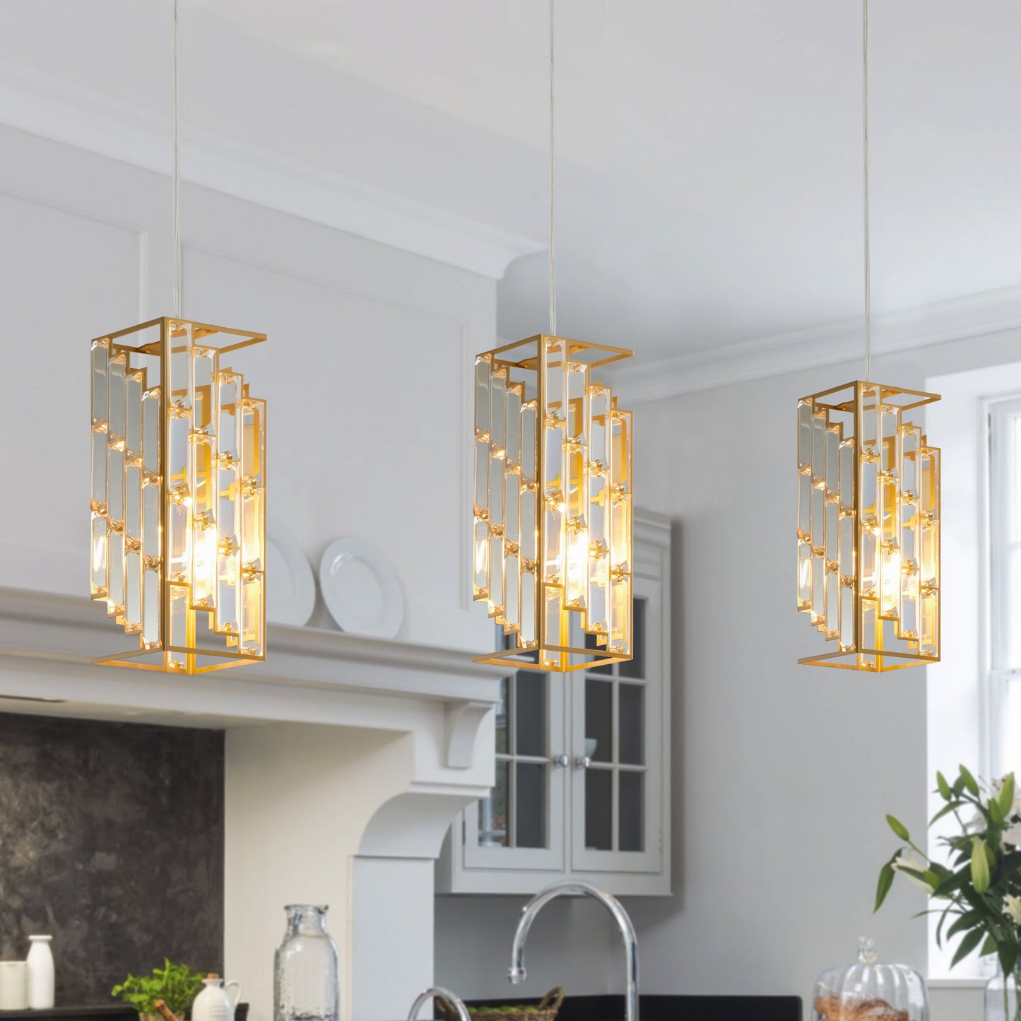 Modern Crystal Pendant Light - 3 Pack, Adjustable Hanging Ceiling Lamp With Crystal Prism Design for Dining Room