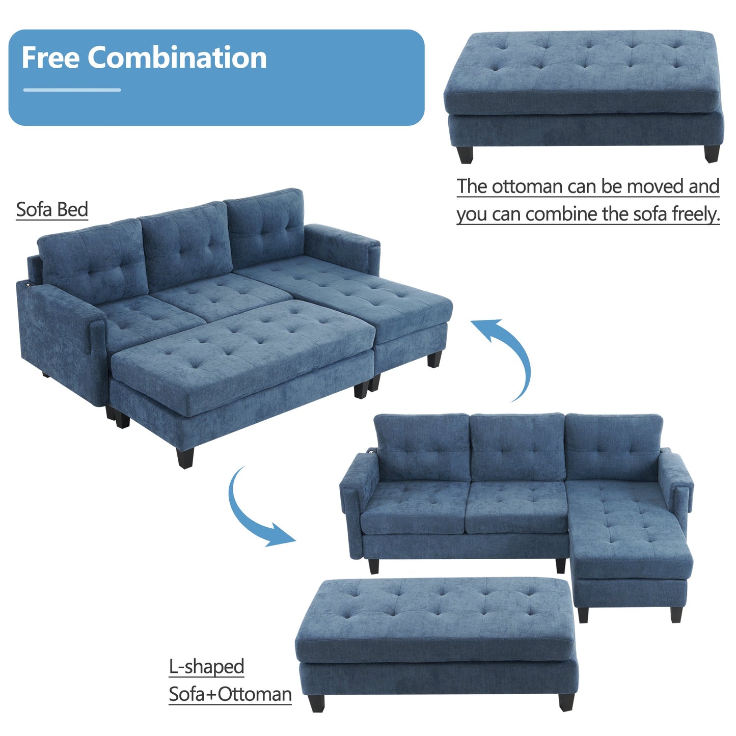 83.4" L-Shaped Sofa Sectional Couch Sofa Bed With Two USB Ports, a Movable Ottoman and a Reversible Chaise Lounge