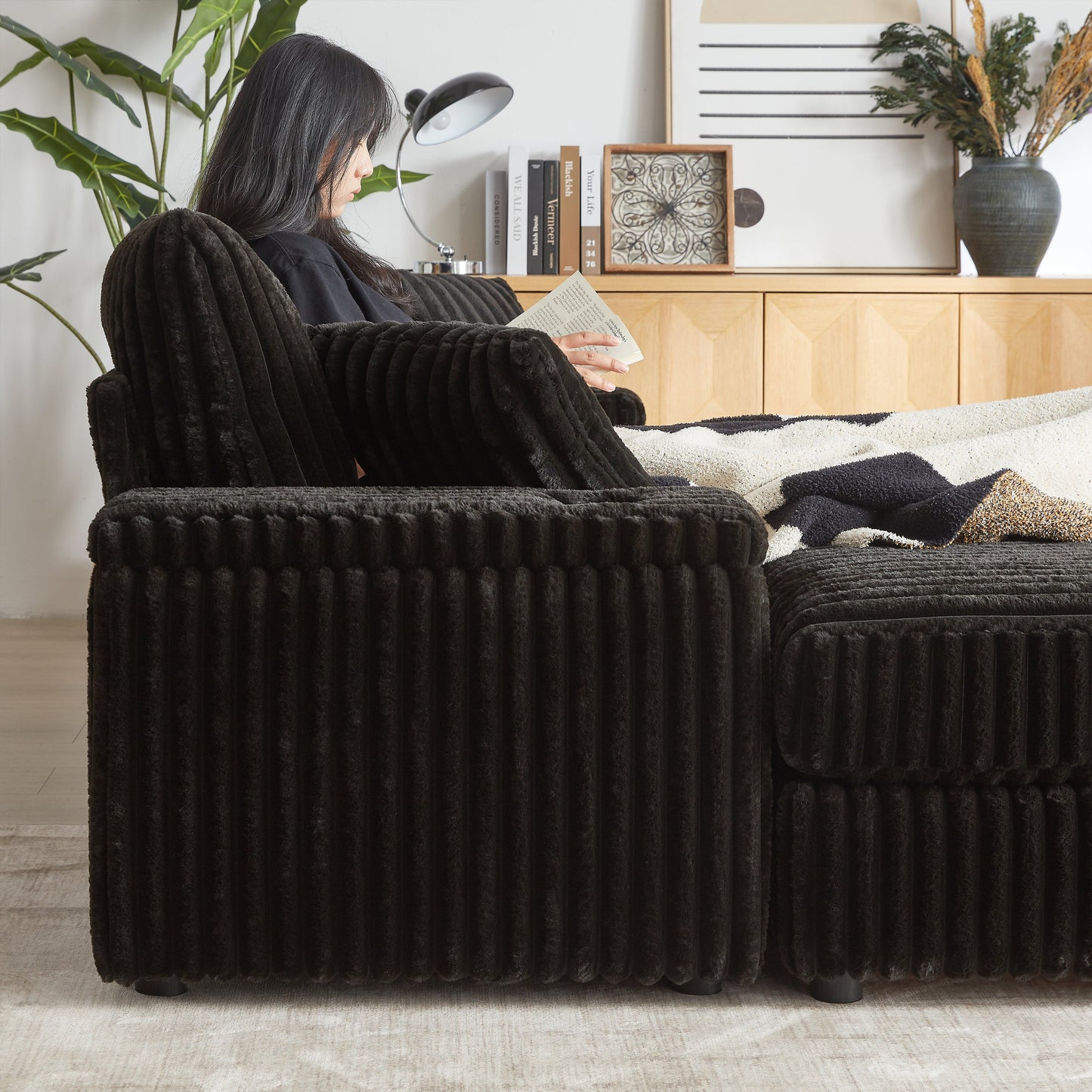 84Inch Corduroy 3-Seater Sofa With 3 Back Pillows ,2 Toss Pillows , a Ottoman ,2storage Spaces and Cup-Holding Grooves