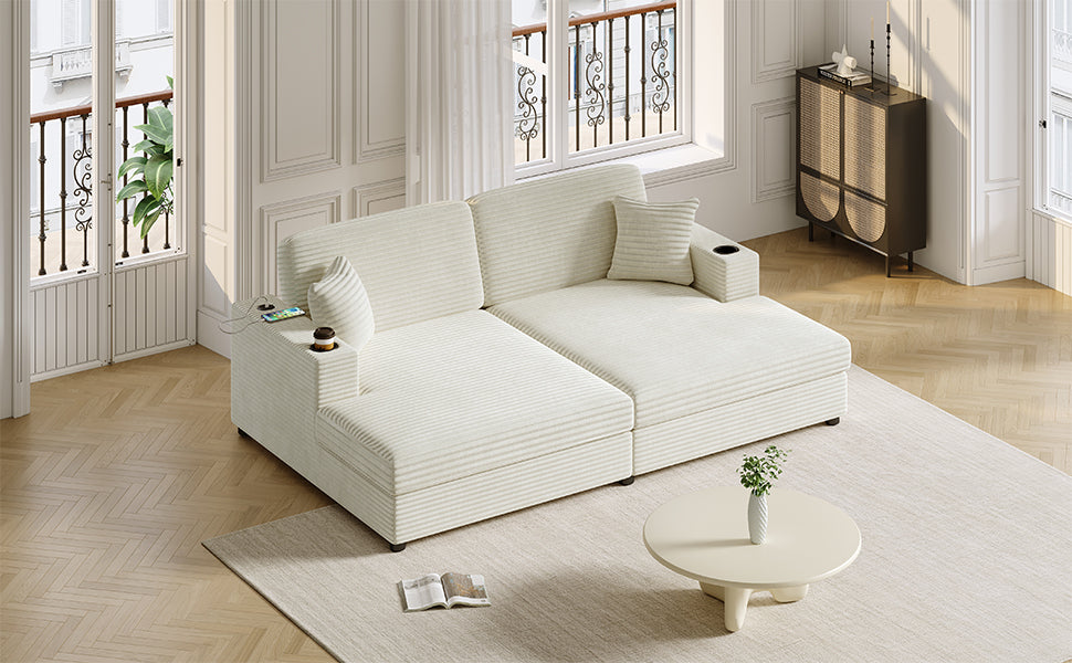 86.5" Oversized Loveseat Chaise Lounge Sectional Sofa Bed Corduroy Sleeper Sofa With Two USB Ports , Two Cup Holders