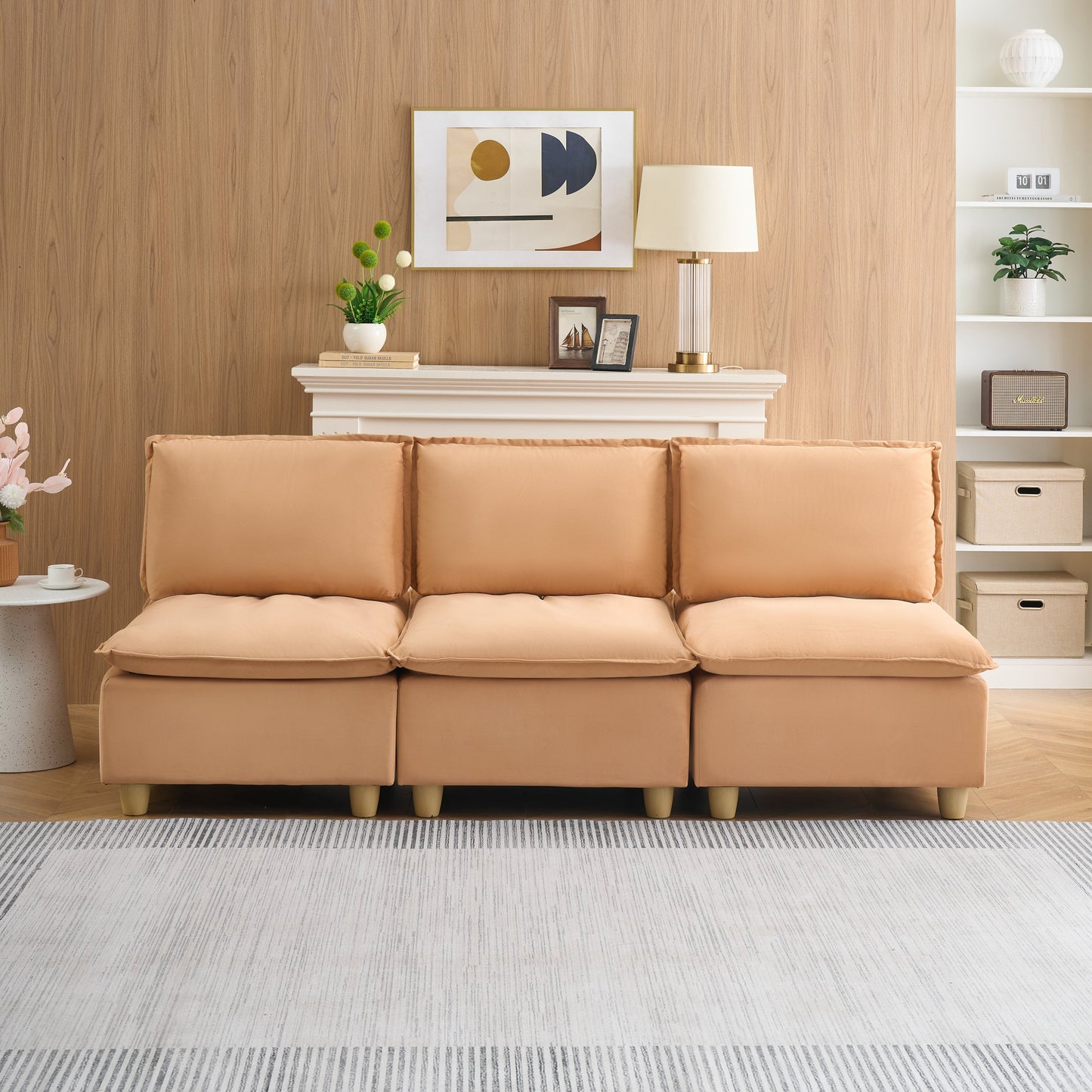 88-Inch Simple, Modern and Ultra-Comfortable Straight-Row Three-Seater Pumpkin-Colored Flannel Sofa