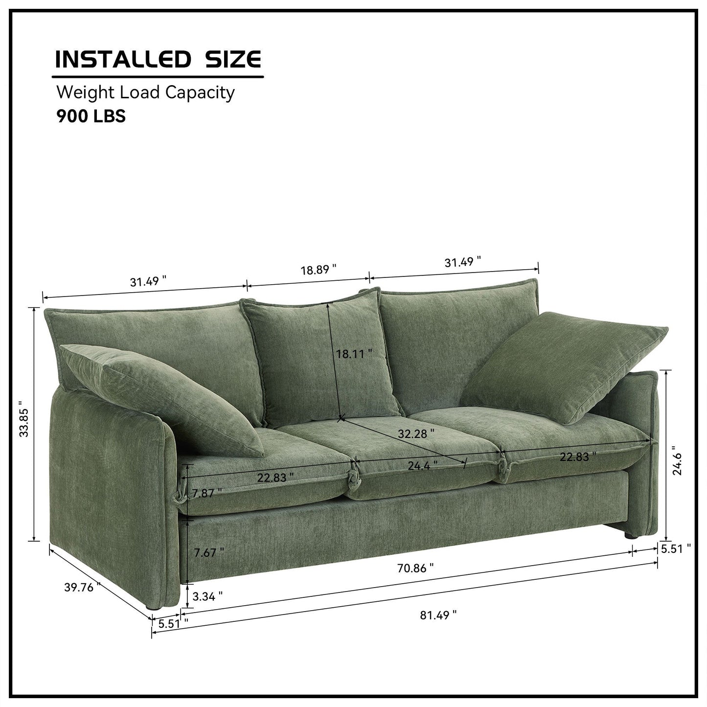 Mid-Century Sofa 3 Seater Cozy Couch for Living Room Apartment Lounge Bedroom, Green