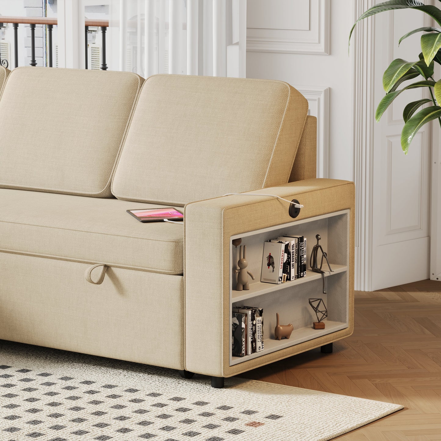 85.8" Pull Out Sleeper Sofa L-Shaped Couch Convertible Sofa Bed With Storage Chaise and Storage Racks,With USB Port