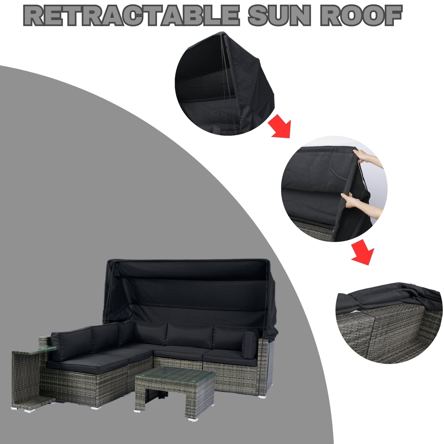 7-Piece Patio Furniture Set W/Retractable Canopy Wicker Rattan Sectional Sofa Set Patio Furniture With Washable Cushions