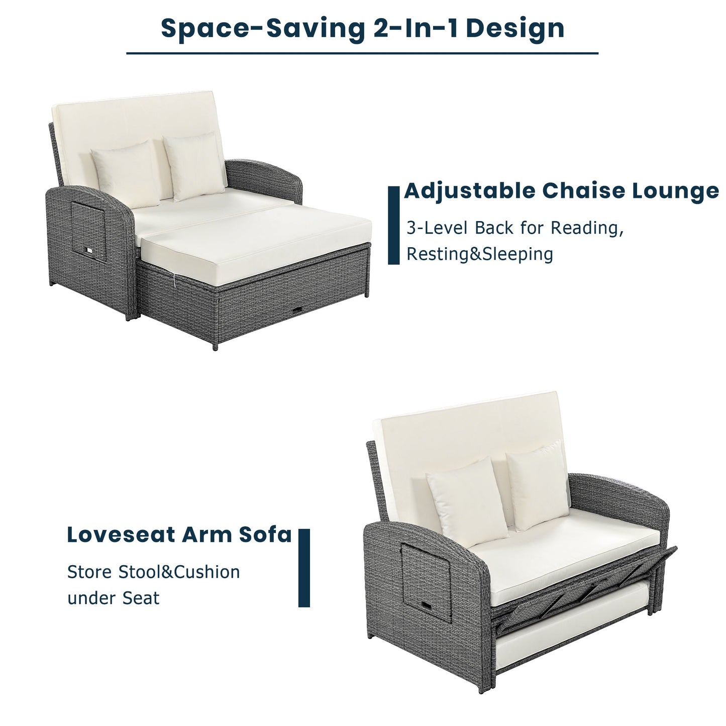 PE Wicker Rattan Double Chaise Lounge, 2-Person Reclining Daybed With Adjustable Back and Cushions