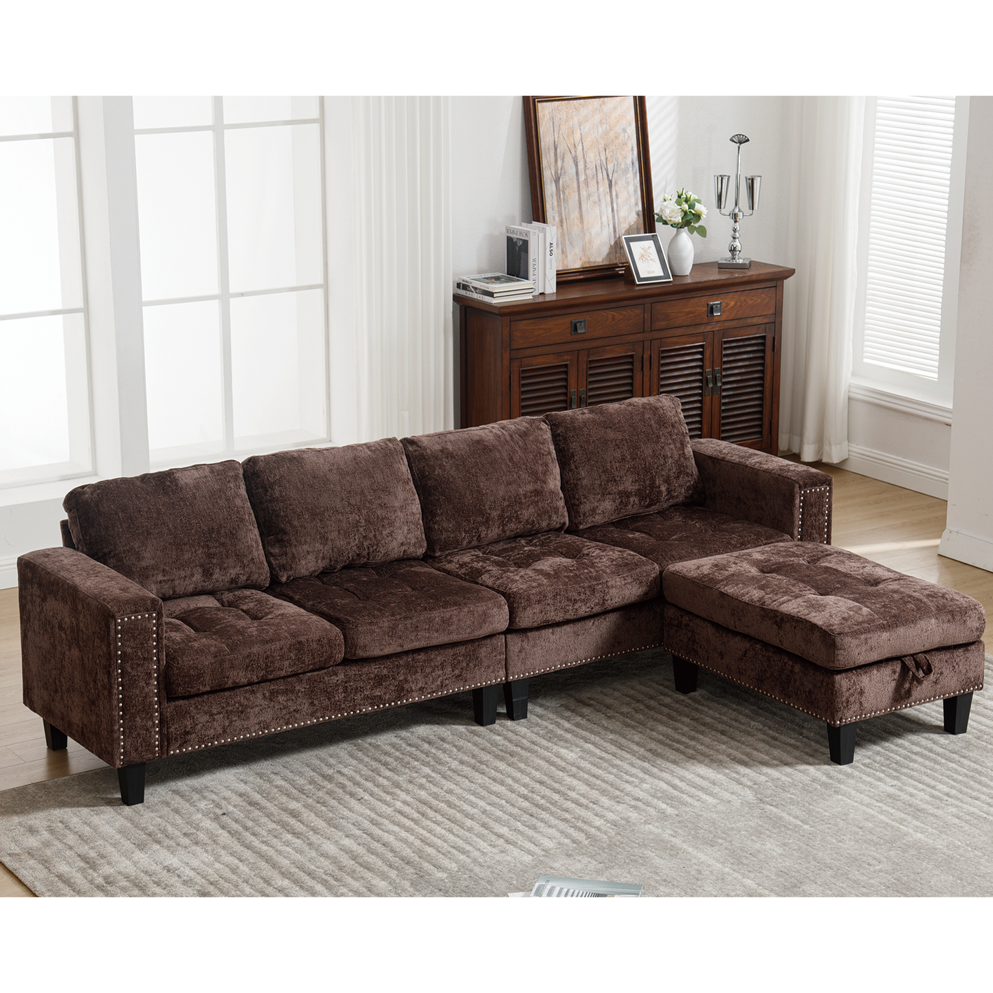 5 Seat Modular Sofa,with Storage Ottoman, Convertible Sectional Sofa, L Shaped Couch , Reversible Chaise ,Riveted Sofa