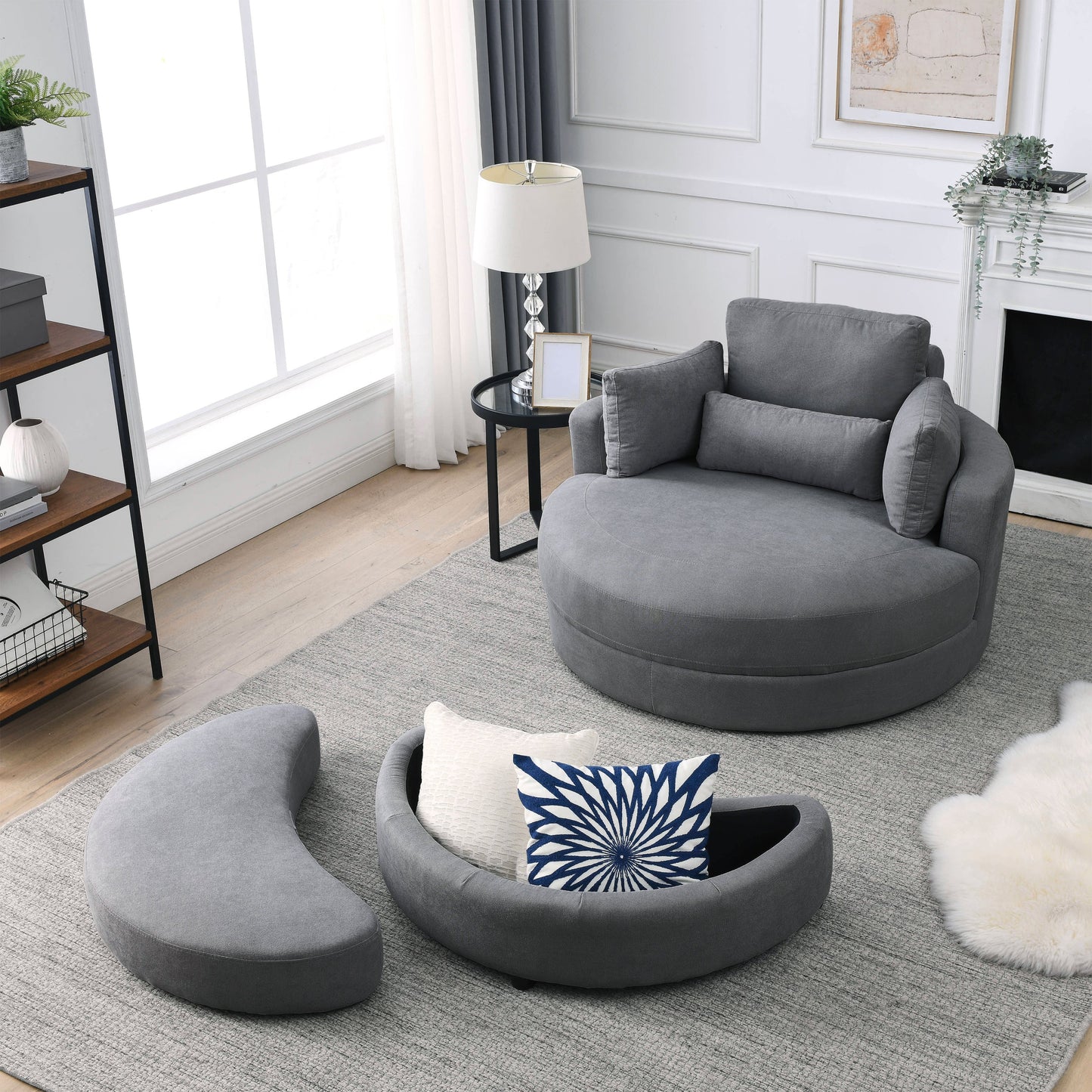 Swivel Accent Barrel Modern Dark Grey Sofa Lounge Club Big Round Chair With Storage Ottoman Linen Fabric for Living Room