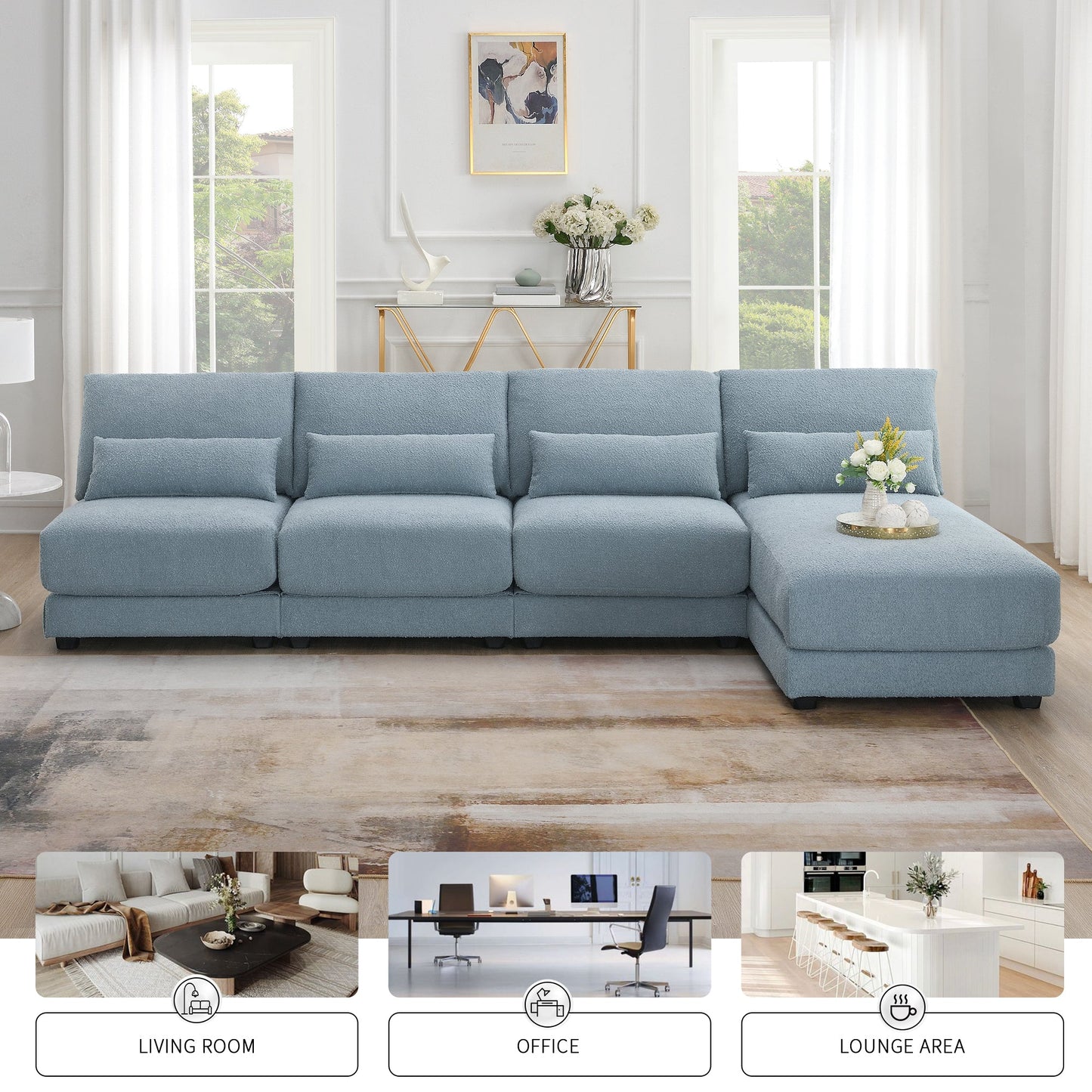 120*61" Oversized Deep Seat Sectional Sofa With Reversible Chaise,Loop Yarn Fabric 5-Seat Armless Indoor Furniture