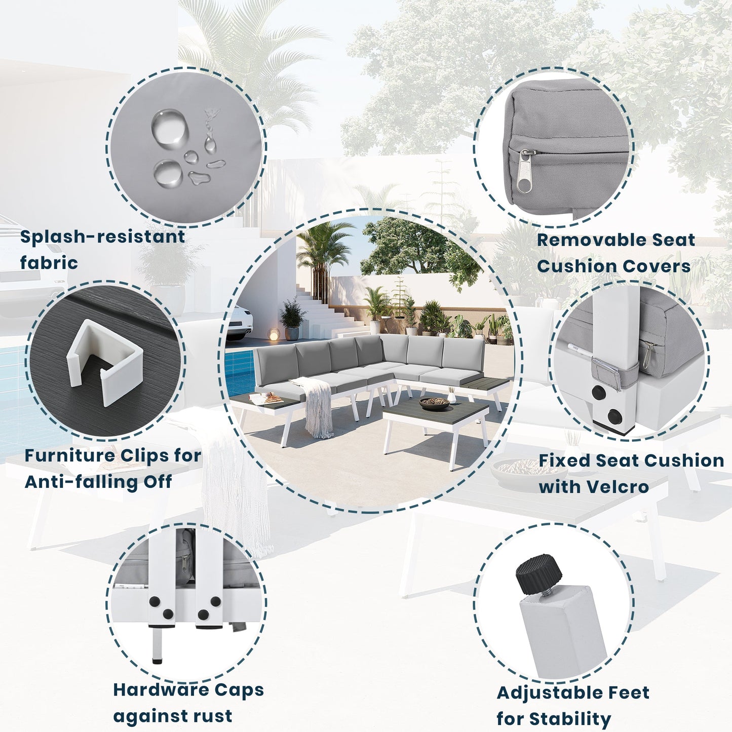 Industrial 5-Piece Aluminum Outdoor Patio Furniture Set, Modern Garden Sectional Sofa Set With End Tables, Coffee Table