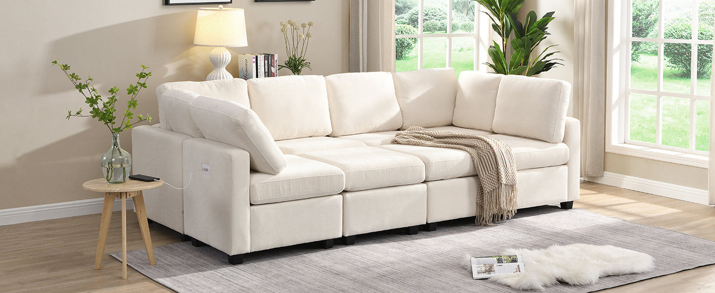103" Sectional Sofa Couch Sofa Bed U-Shaped Sofa With Two Movable Ottoman and Three USB Ports for Living Room, Beige