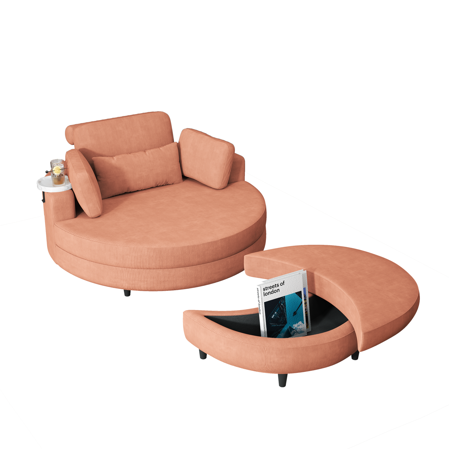 A 51-Inch Orange Corduroy Sofa With Two Throw Pillows, a Waist Pillow and an Extra Tray Is Comfortable