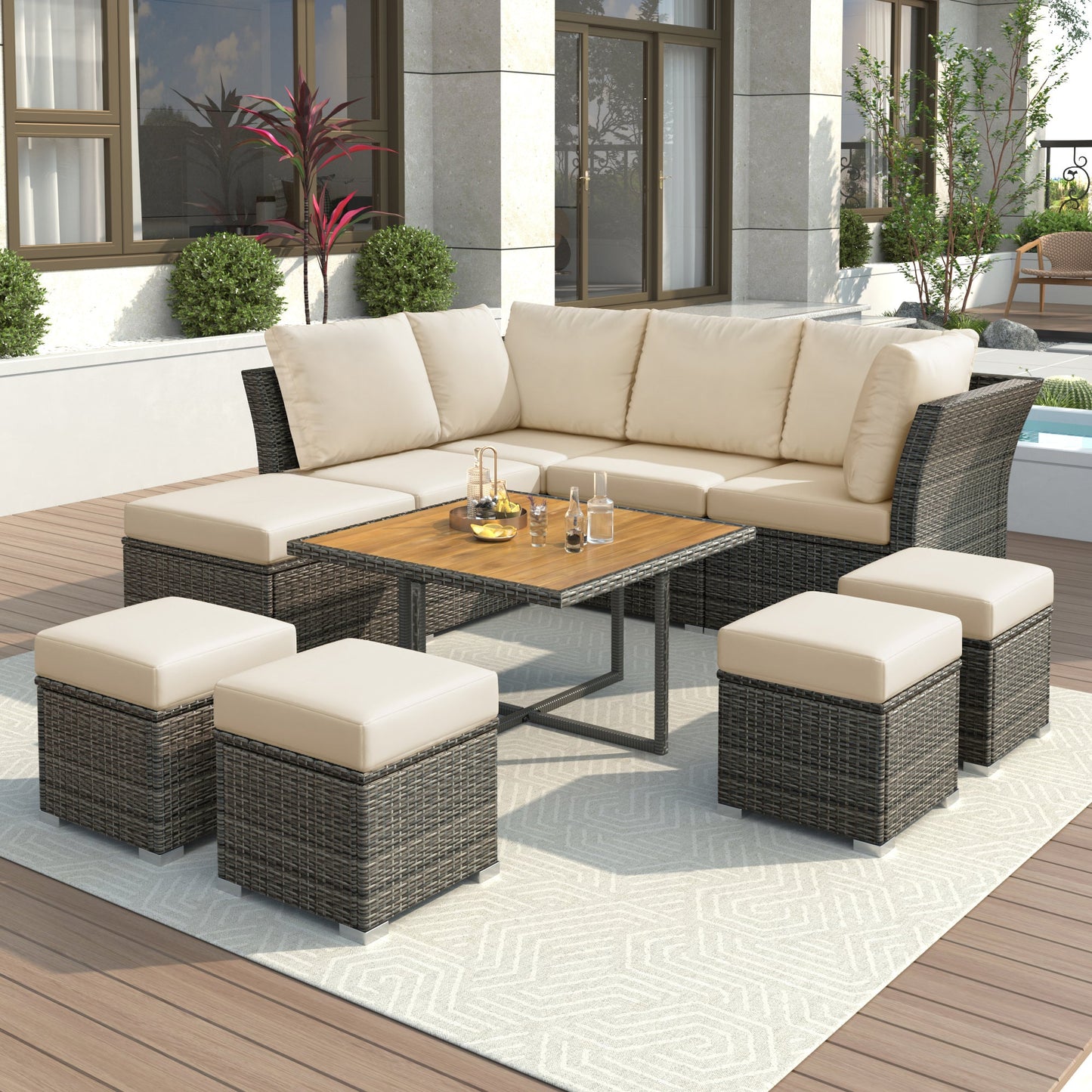 Patio Furniture Set, 10 Piece Outdoor Conversation Set, CoffeeTable With Ottomans, Solid Wood Coffee Table