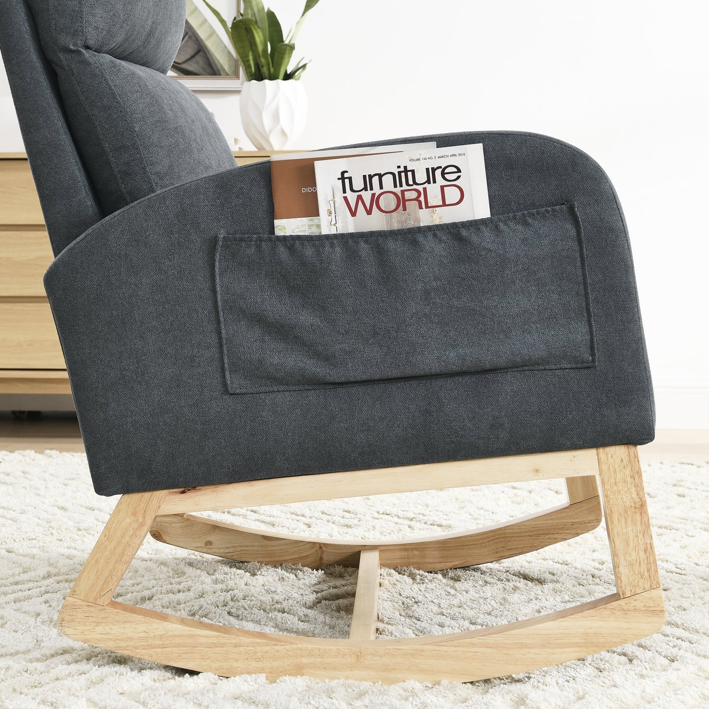 Modern Accent High Backrest Living Room Lounge Arm Rocking Chair, Two Side Pocket