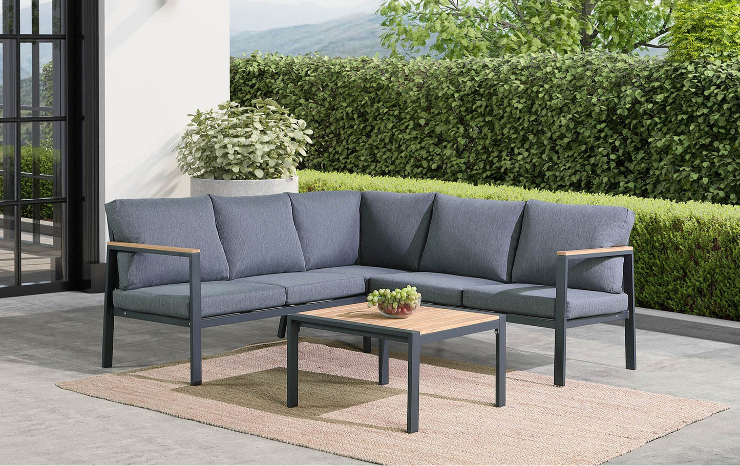 Rossio Outdoor 4 Piece Sectional Sofa,Matte Charcoal Aluminum Frame,Teak Finished
