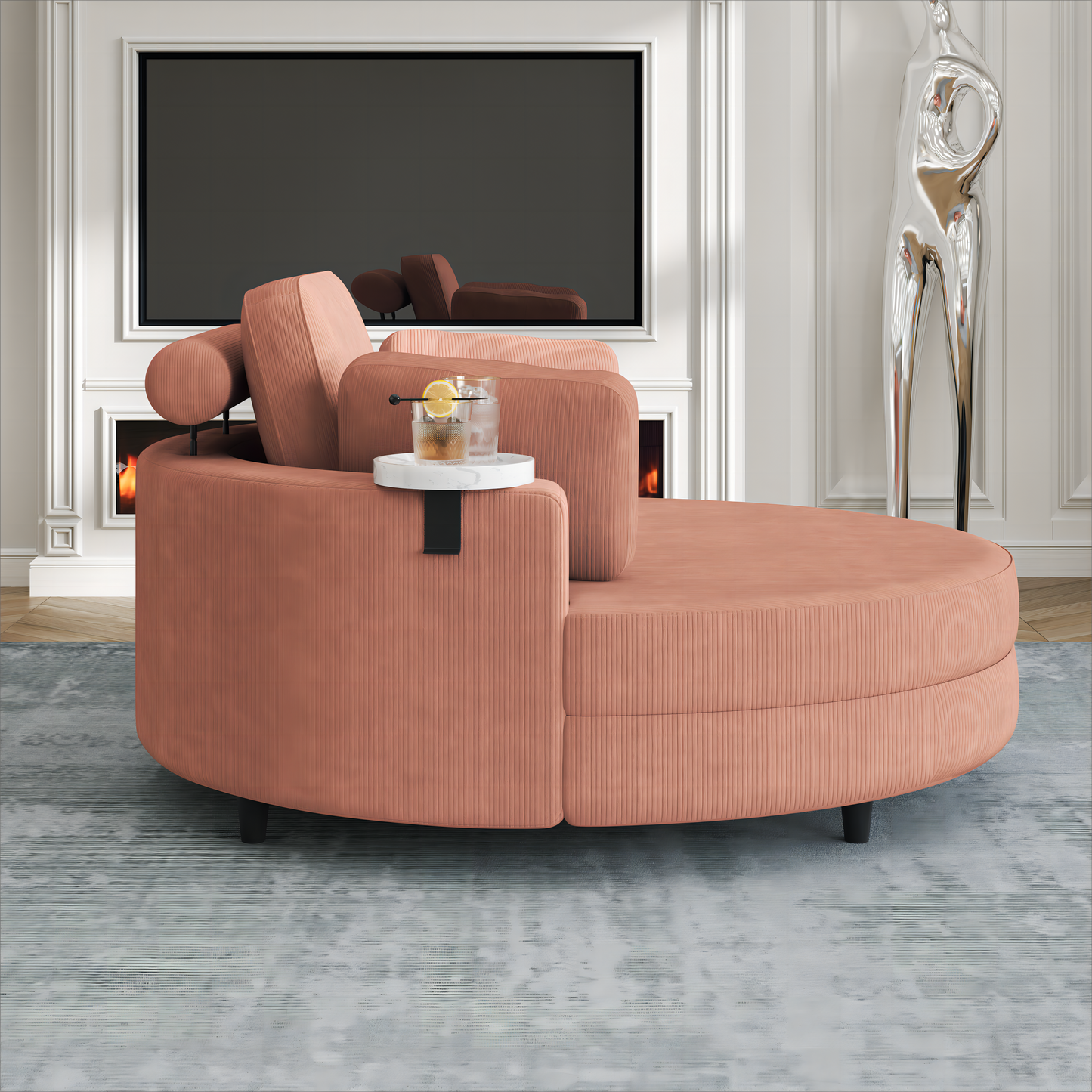 A 51-Inch Orange Corduroy Sofa With Two Throw Pillows, a Waist Pillow and an Extra Tray Is Comfortable