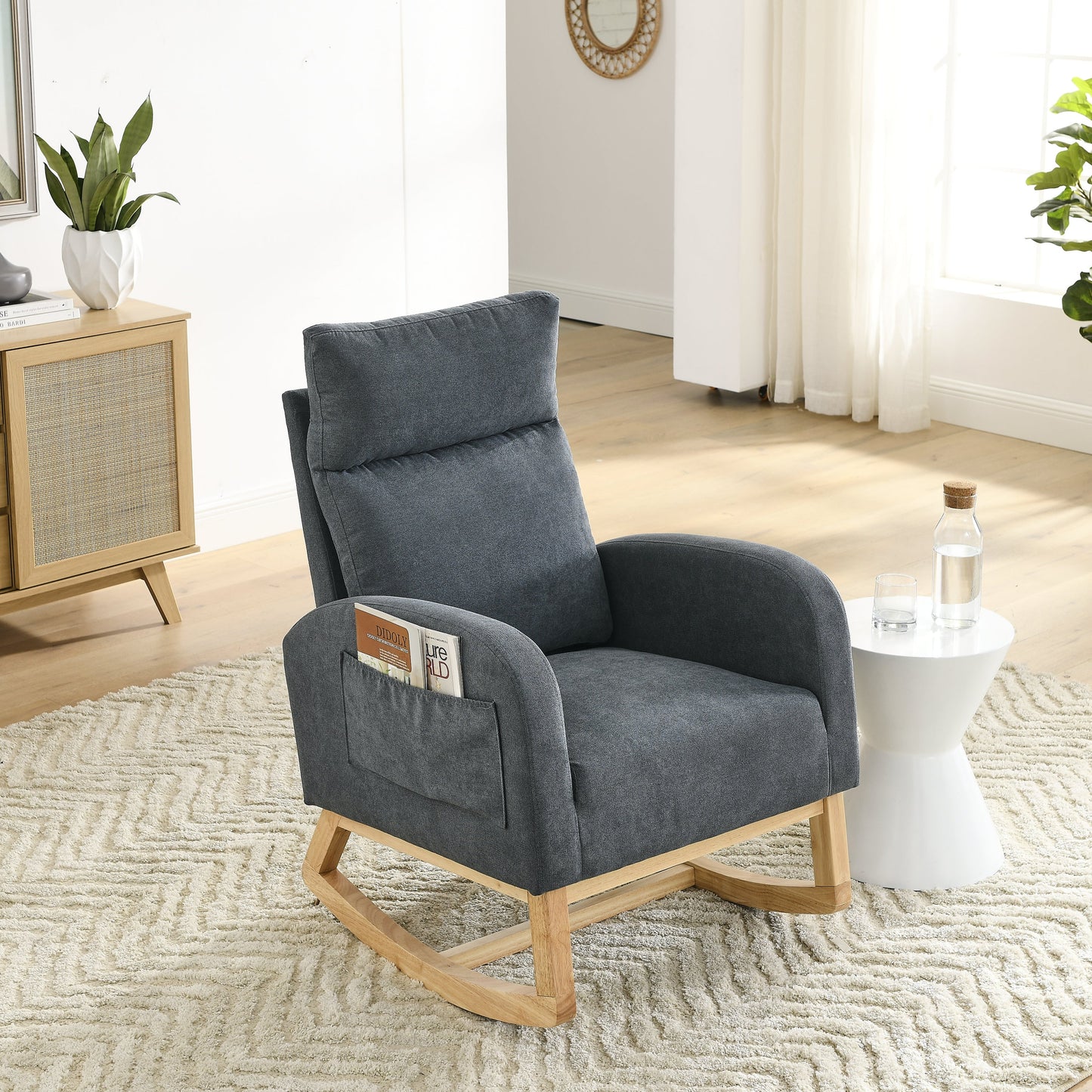 Modern Accent High Backrest Living Room Lounge Arm Rocking Chair, Two Side Pocket