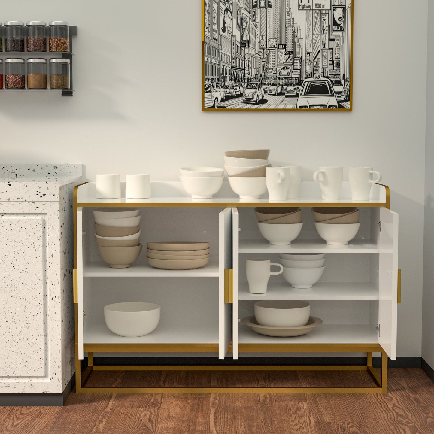 Modern Kitchen Buffet Storage Cabinet Cupboard White Gloss With Metal Legs for Living Room Kitchen