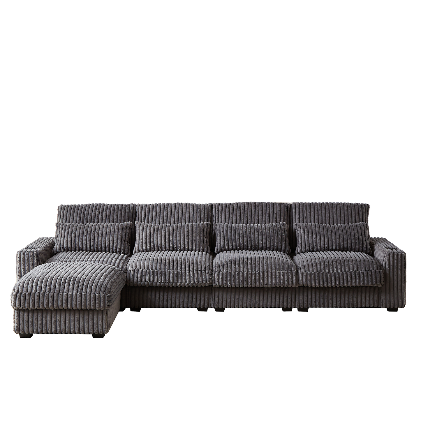 126-Inch Corduroy With Cup Holder Super Large L-Shaped Sofa, Movable Footrest, Four Waist Pillows and Four Back Cushion