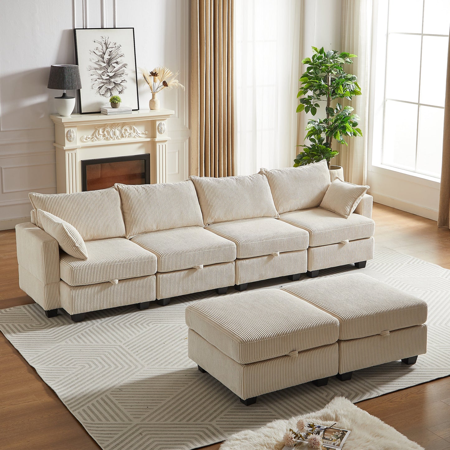 113.5'' Modular Sectiona Corduroy Sofa, Sectional Couches for Living Room U Shaped Sectional Couch With Storage Ottoman