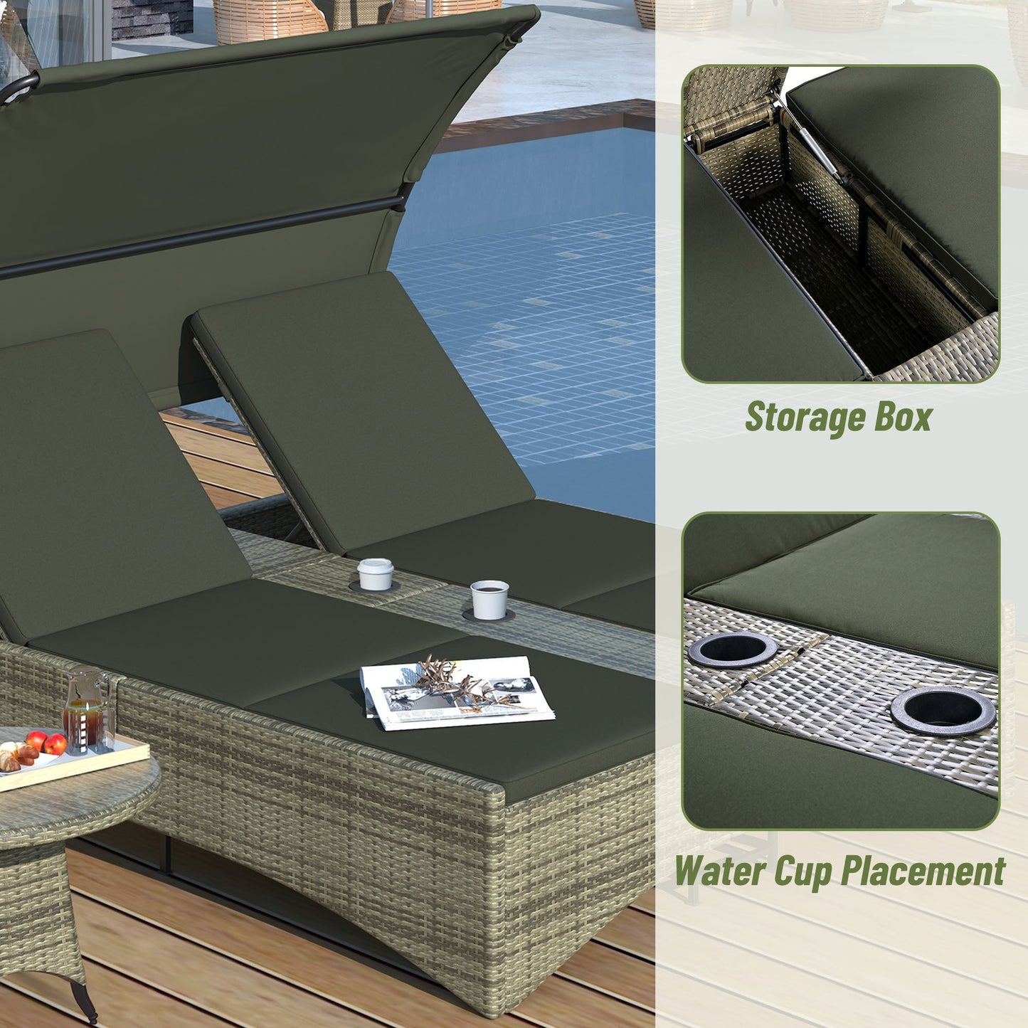 Patio Daybed Outdoor Daybed Outdoor Rattan Sun Lounger With Shelter Roof With Adjustable Backrest, Storage Box