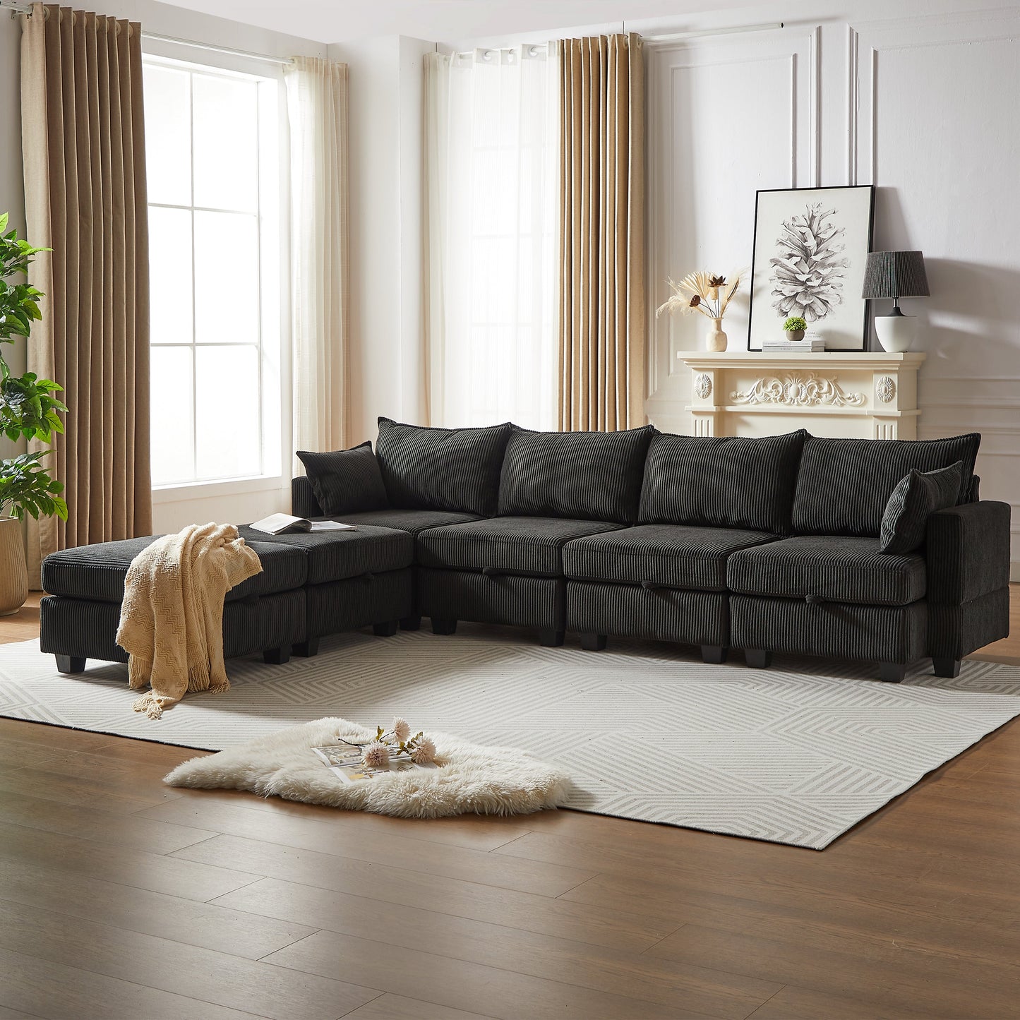 113.5'' Modular Sectiona Corduroy Sofa, Sectional Couches for Living Room U Shaped Sectional Couch With Storage Ottoman