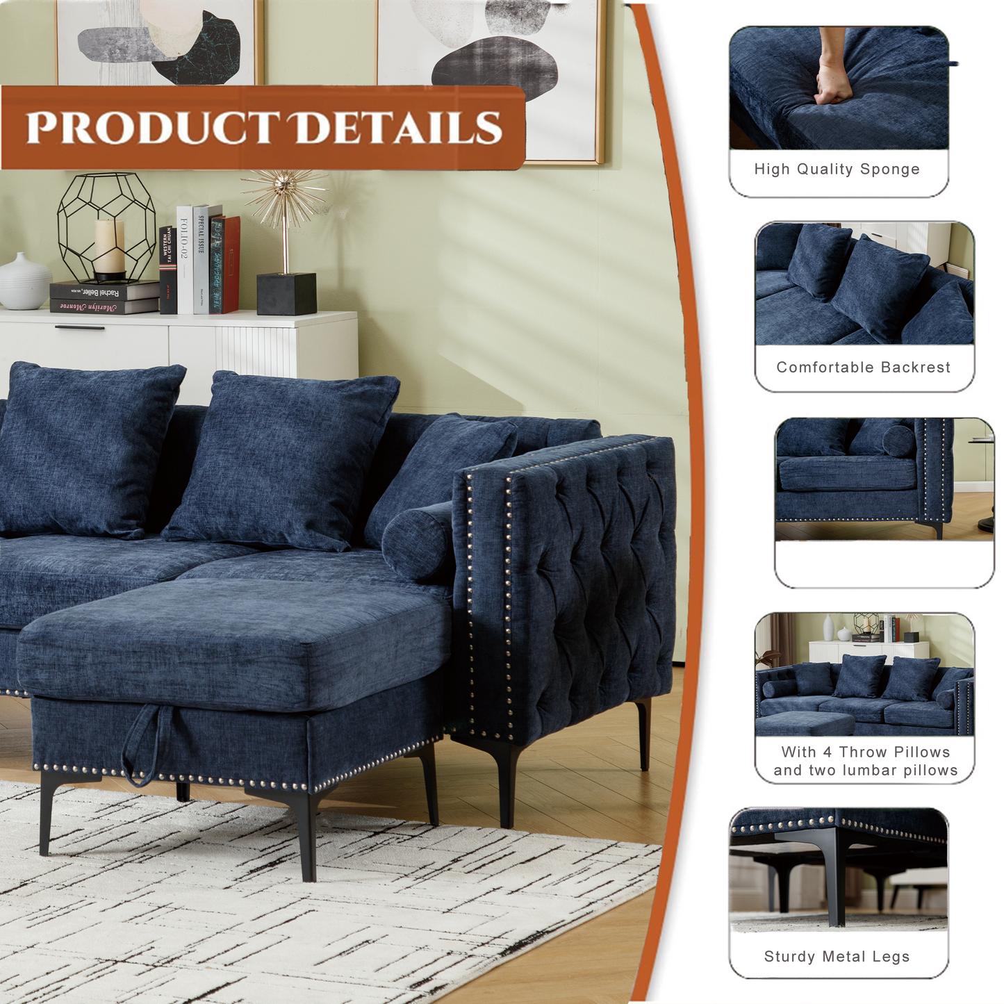 L Shaped Sectional Sofa , Convertible Storage Ottoman,Chenille ,Square Arm, Modern Tufted Couch ,3 Seater