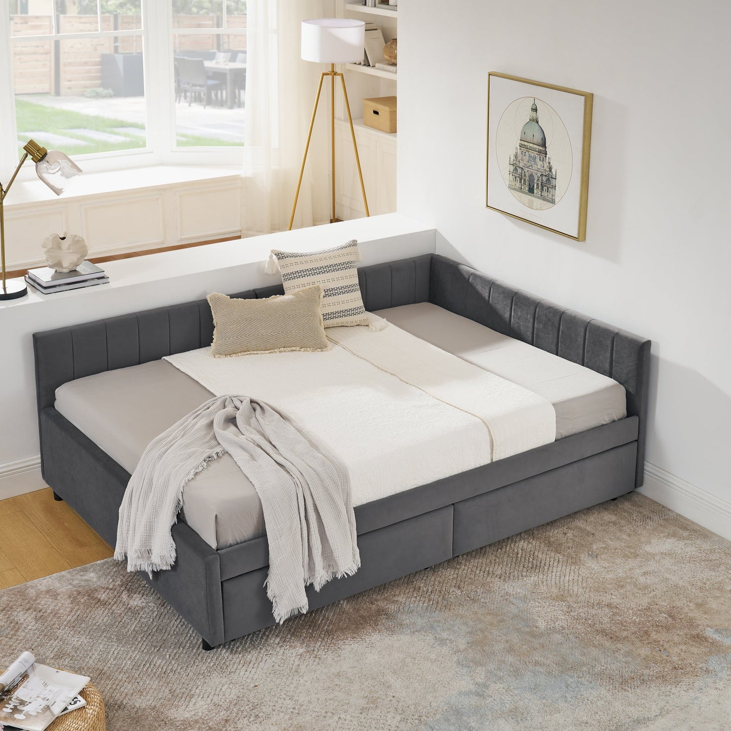 Full Size Upholstered Tufted Bed Frame With Two Drawers, Sofa Bed Frame With Comfortable Backrest and Armrests, Velvet