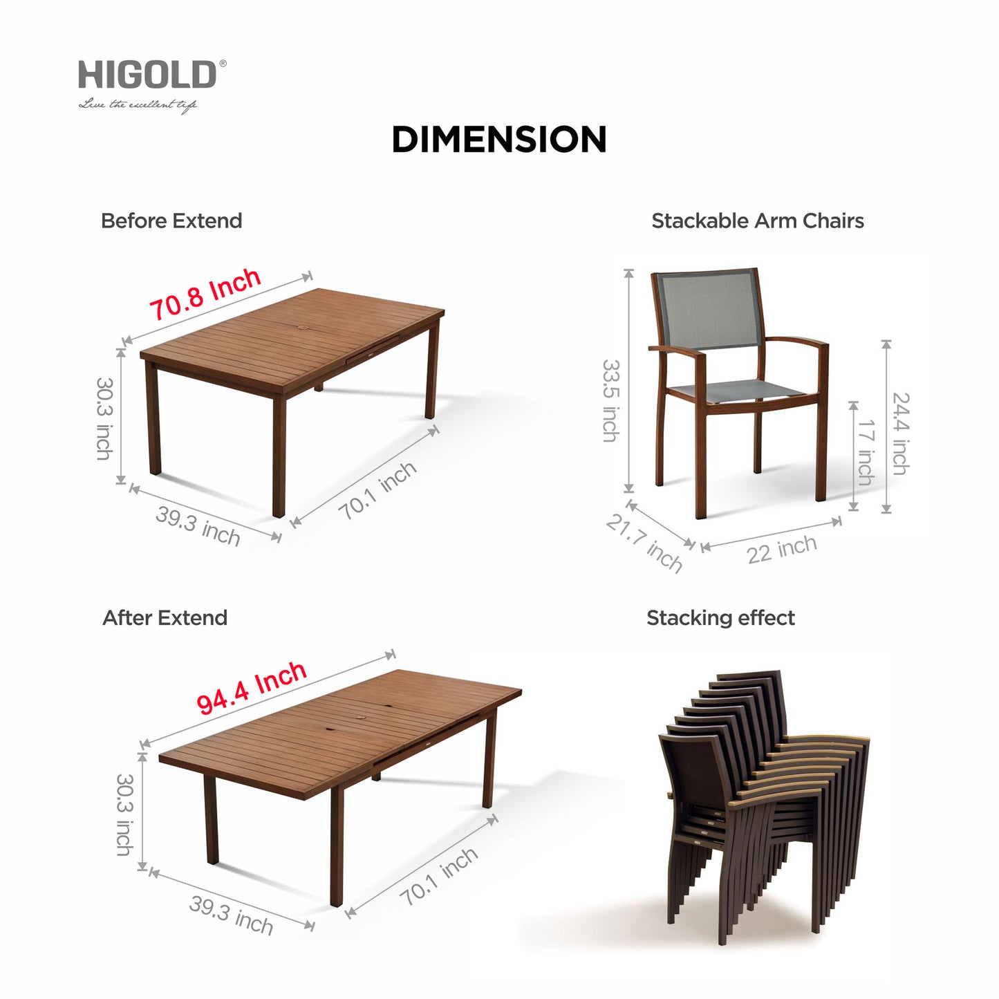 Carlo 9 Pieces Extendable Outdoor Patio Dining Set for Eight Person, Wood Color Painted Aluminum