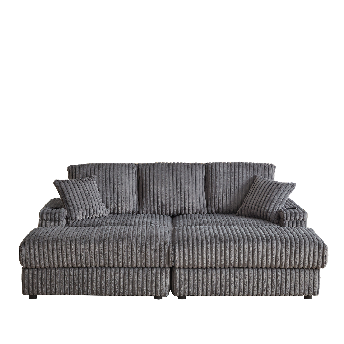 84Inch Corduroy 3-Seater Sofa With 3 Back Pillows ,2 Toss Pillows , a Ottoman ,2storage Spaces and Cup-Holding Grooves