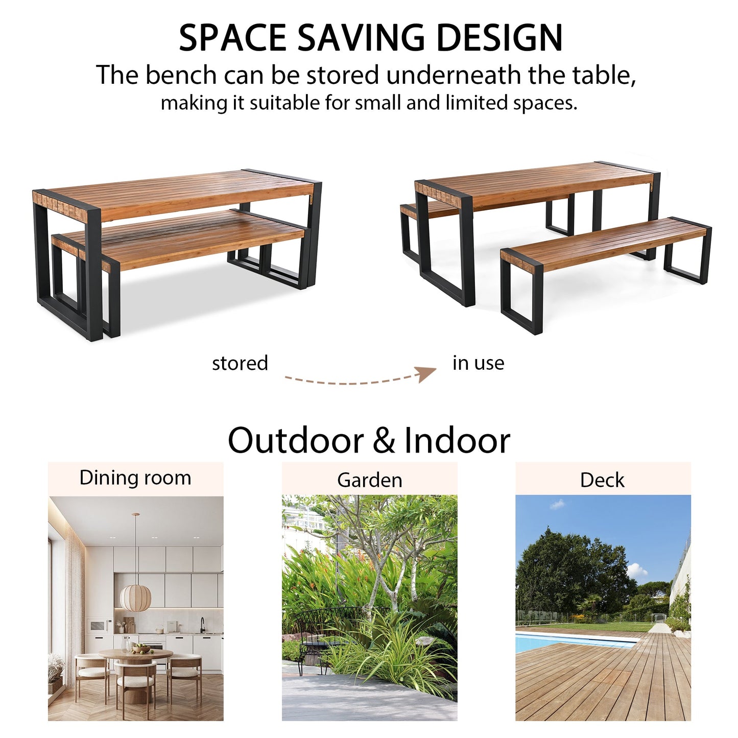 3-Pieces Outdoor Dining Table With 2 Benches, Patio Dining Set With Unique Top Texture, Acacia Wood Top & Steel Frame