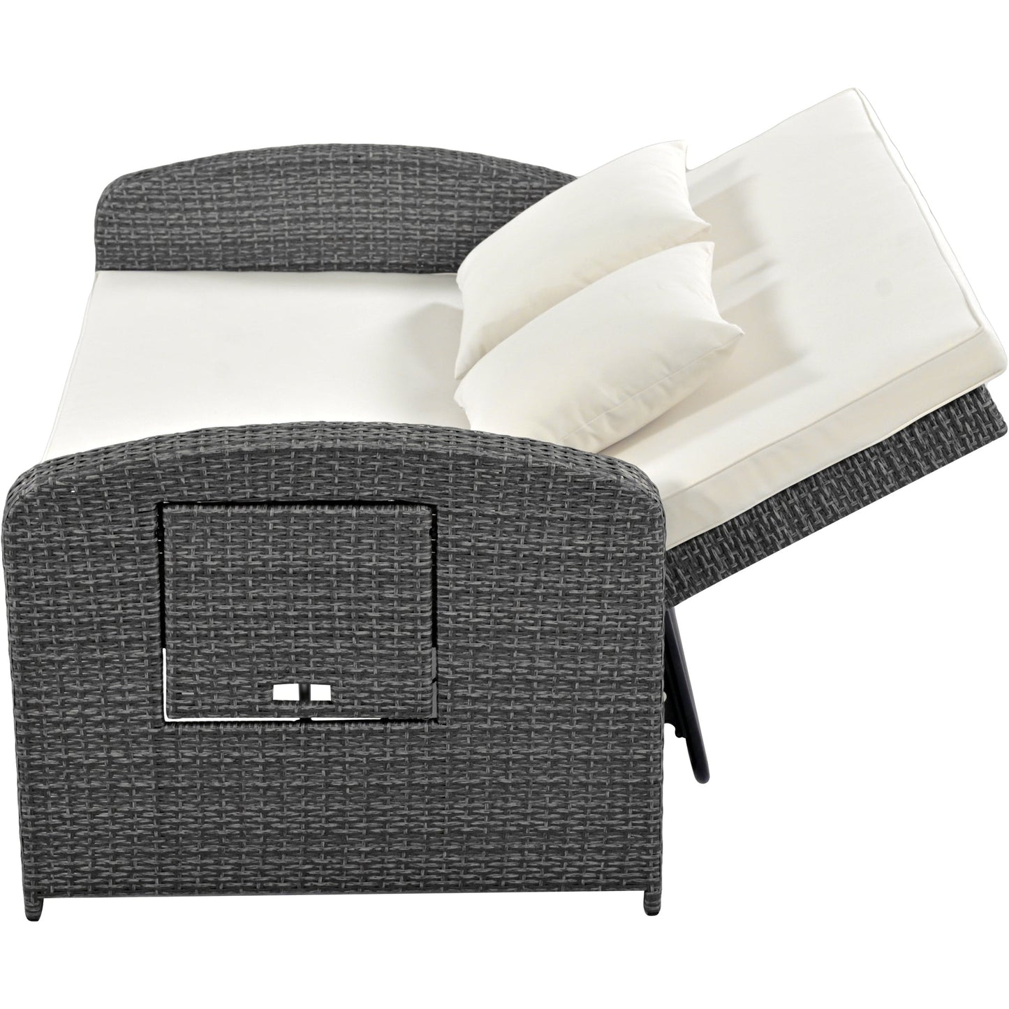 PE Wicker Rattan Double Chaise Lounge, 2-Person Reclining Daybed With Adjustable Back and Cushions