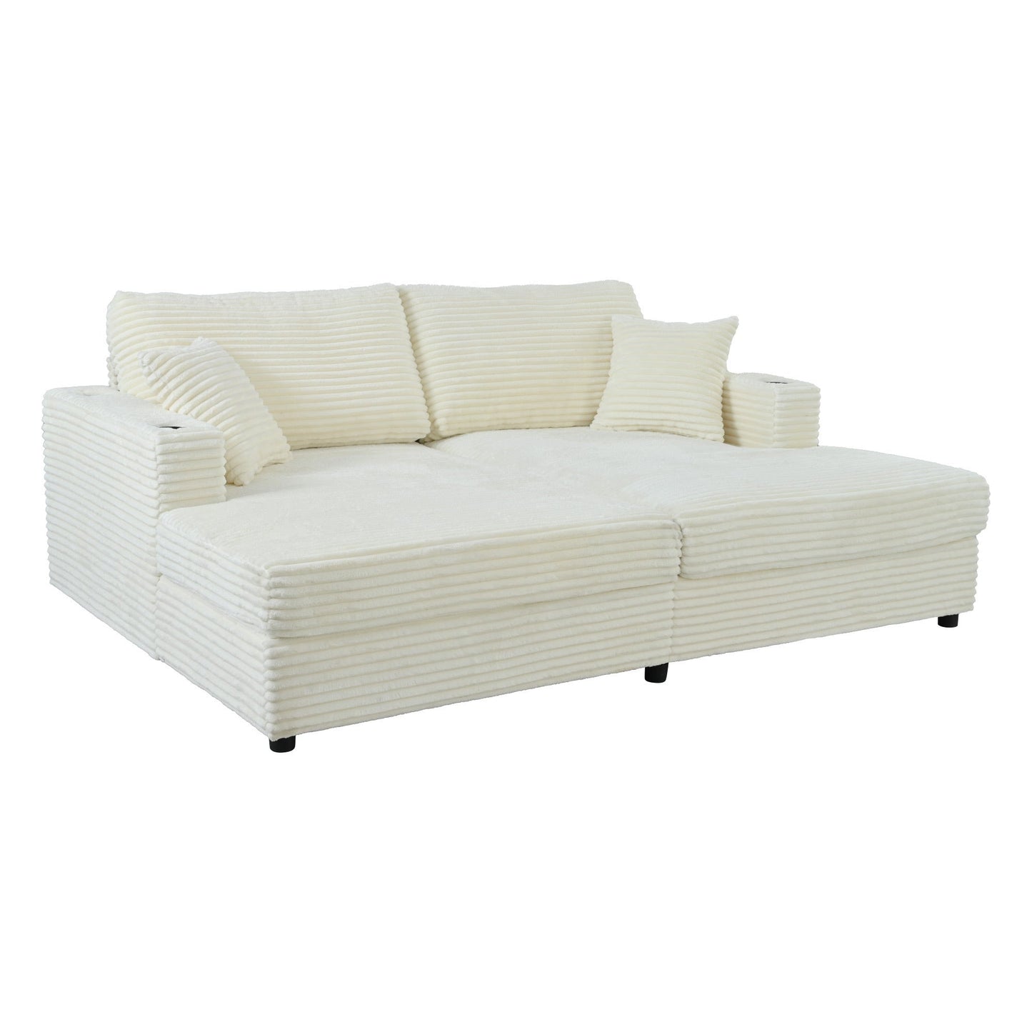 86.5" Oversized Loveseat Chaise Lounge Sectional Sofa Bed Corduroy Sleeper Sofa With Two USB Ports , Two Cup Holders
