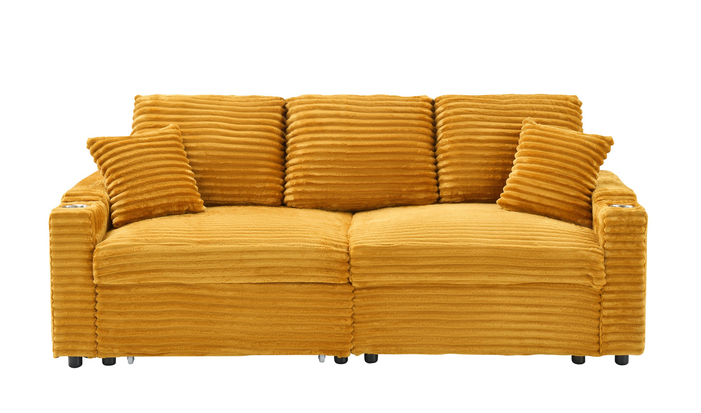 An 80-Inch Two-In-One Pull-Out, Foldable and Hidden Chaise Longue Orange Corduroy Sofa With Cup Holders and Pillows