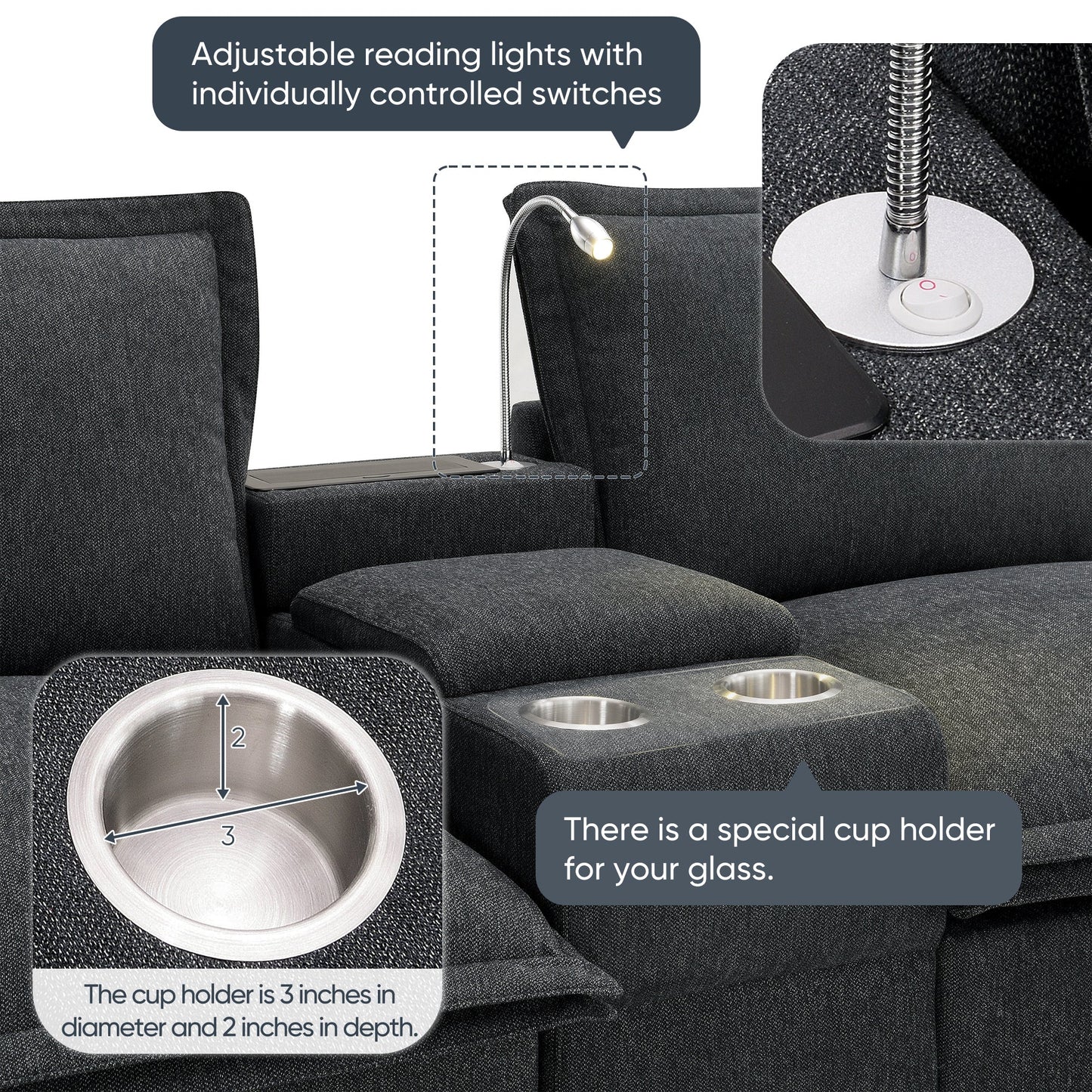 109*57" Modern Sectional Cloud Sofa With Console,USB Charger,Reading Light,Cup Holder,Wide Seat,4 Seat Chenille Modular