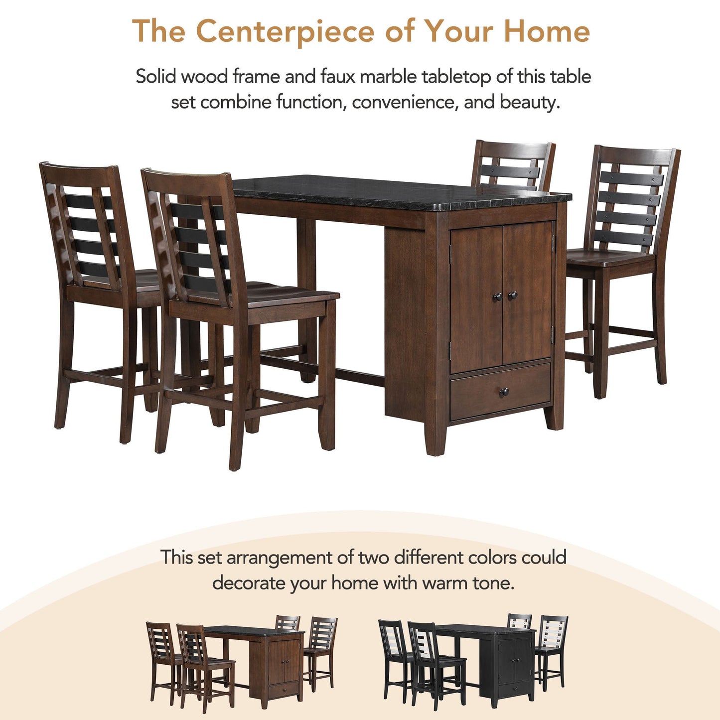 Counter Height 5-Piece Dining Table Set With Faux Marble Tabletop, Solid Wood Table Set With Storage Cabinet and Drawer