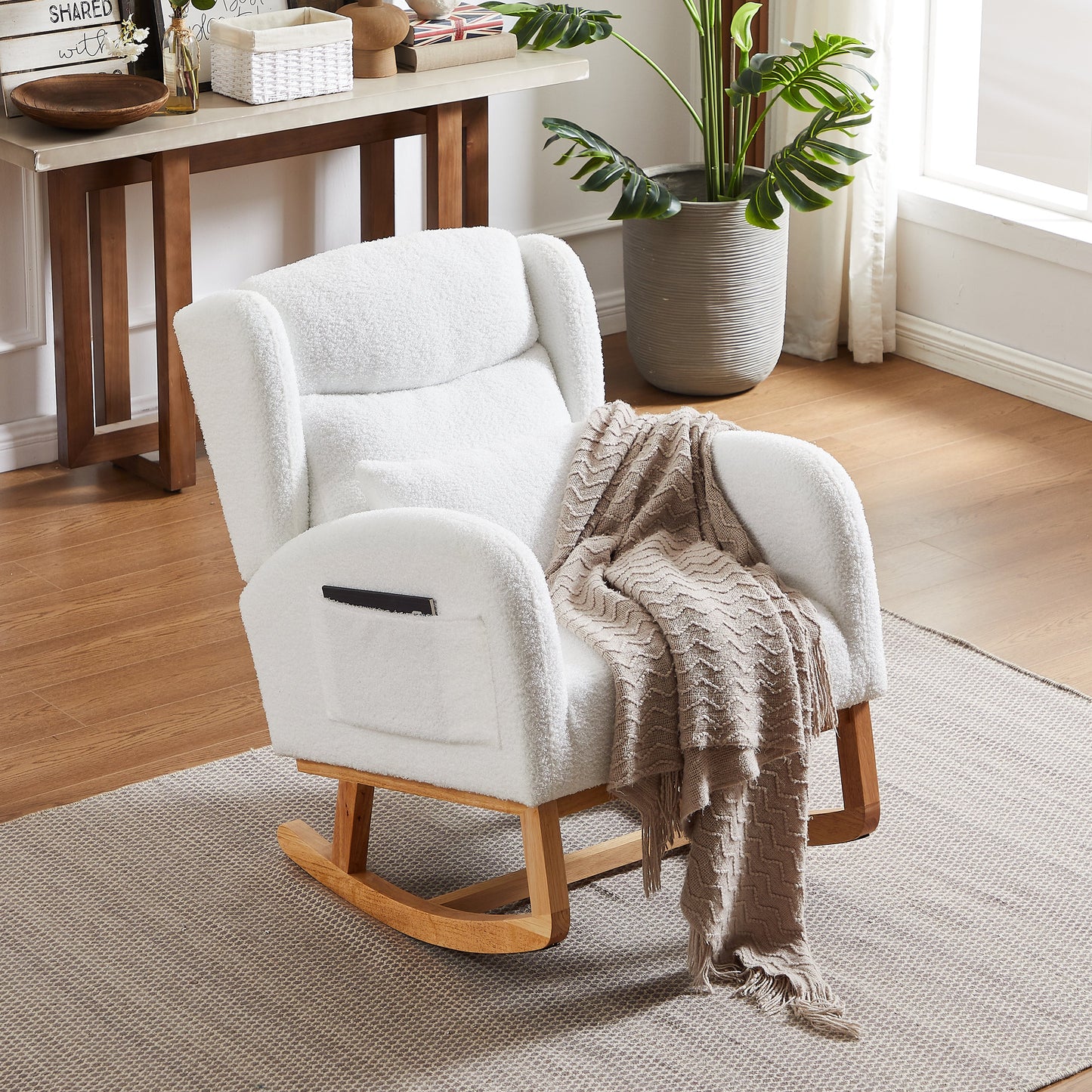 Modern Accent High Backrest Living Room Lounge Arm Rocking Chair, Two Side Pocket