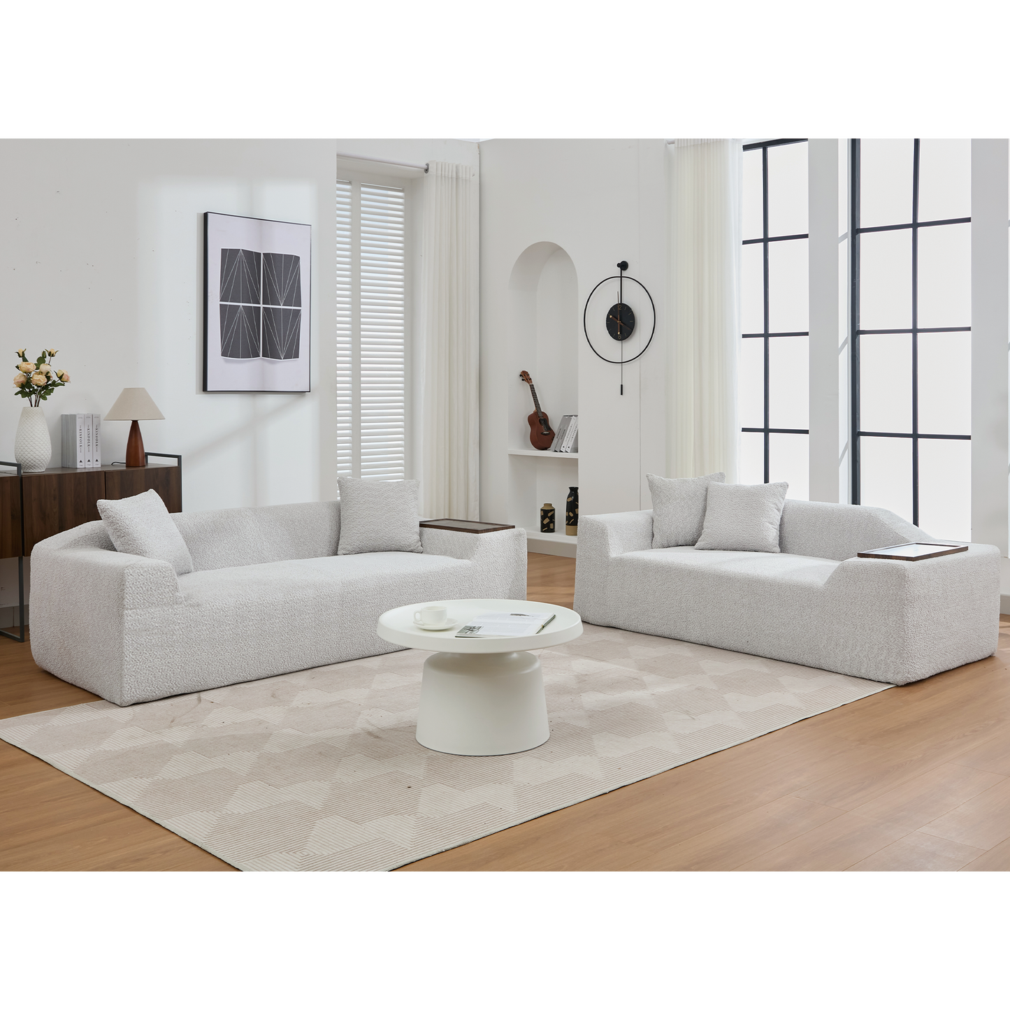 2 Piece Boucle Cloud Sofa Set, Upholstered Sofa Set, Modern 3 Seater and 2 Seater Sofa With MDF End Table for Living Room