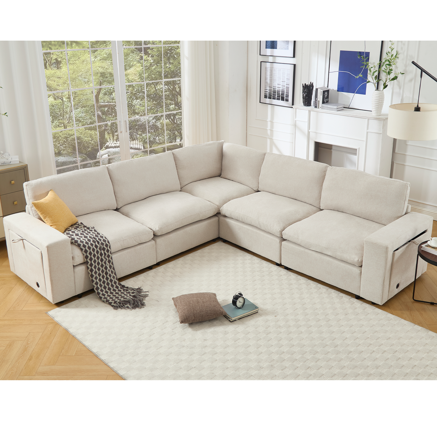 Sectional Couches for Living Room,Modular Couch,Wireless Charging Port & Cup Holders,5-Seat ,DIY Combination,L-Shaped Sofa