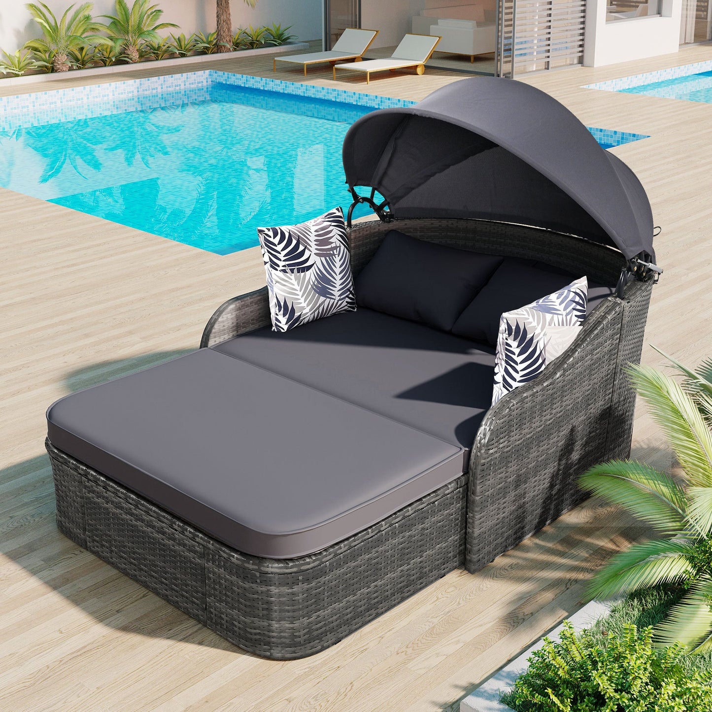 79.9" Outdoor Sunbed With Adjustable Canopy, Double Lounge, PE Rattan Daybed, Gray Wicker and Cushion