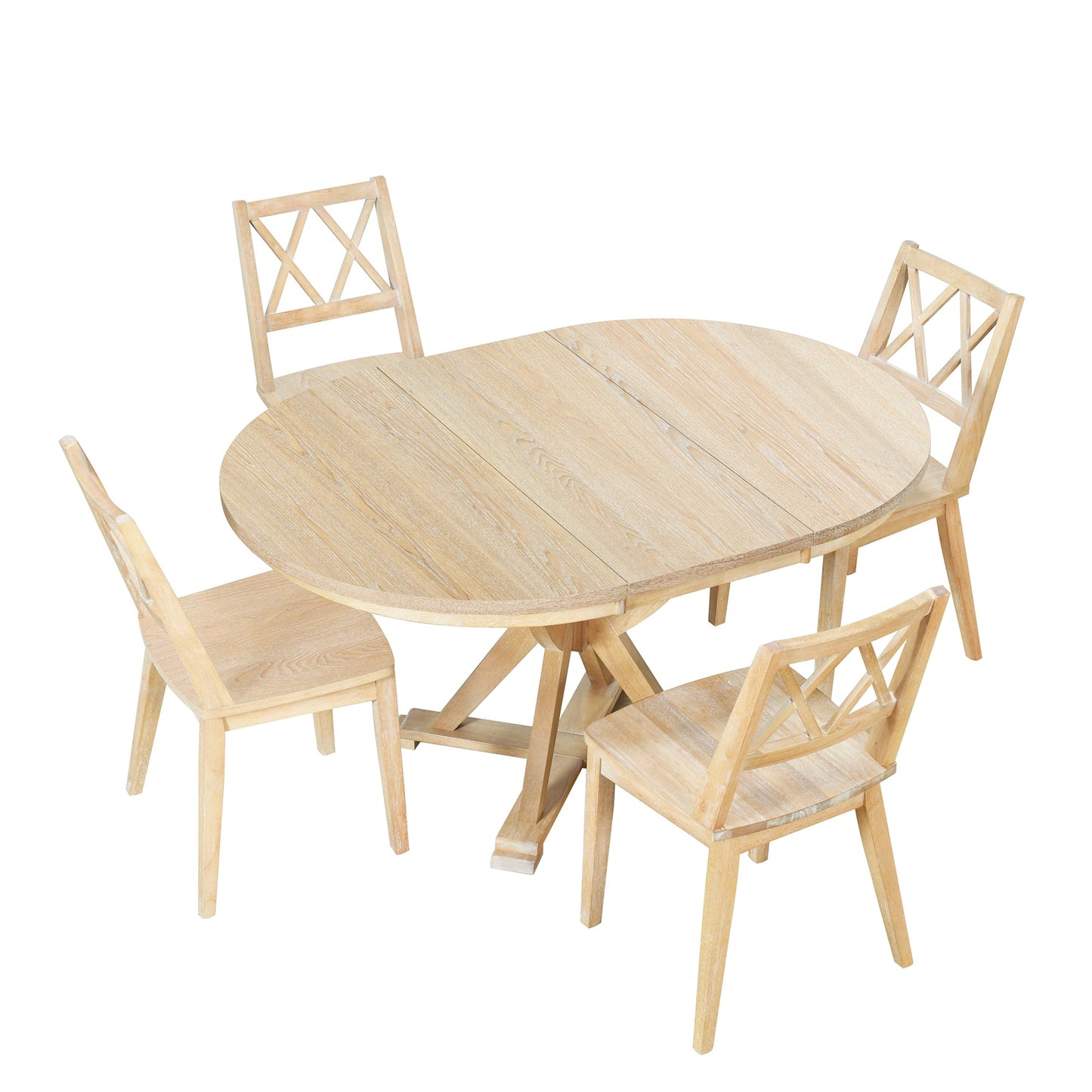 Mid-Century 5-Piece Extendable Round Dining Table Set With 15.7" Removable Leaf and 4 Cross Back Dining Chairs, Natural