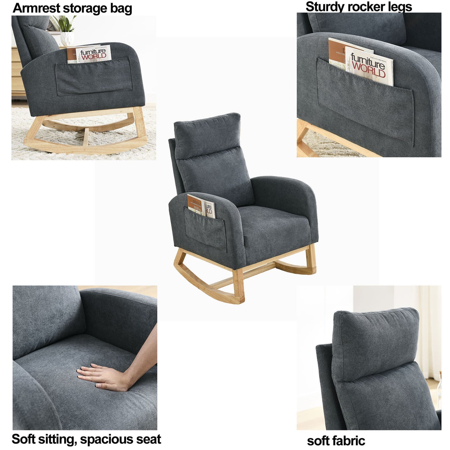 Modern Accent High Backrest Living Room Lounge Arm Rocking Chair, Two Side Pocket