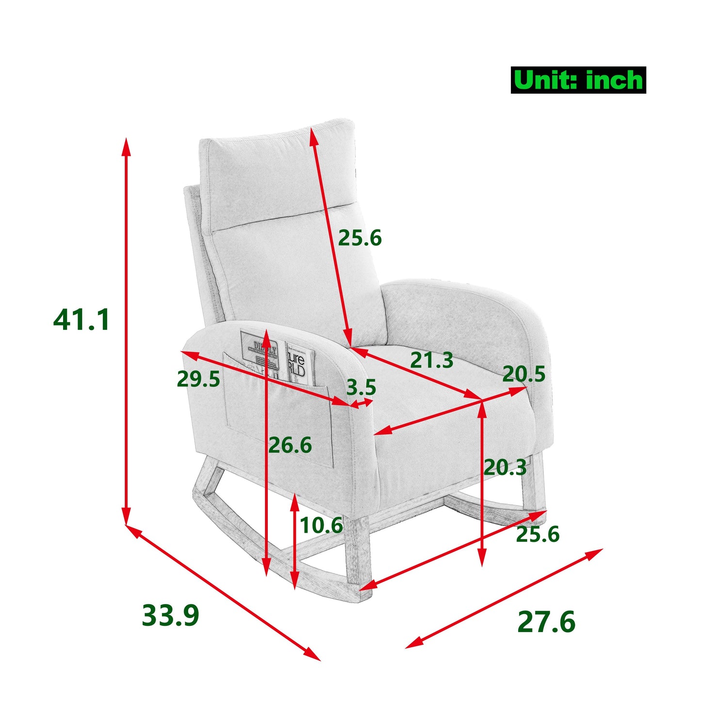Modern Accent High Backrest Living Room Lounge Arm Rocking Chair, Two Side Pocket