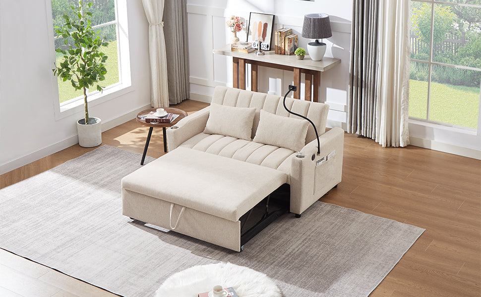 55.9" Convertible Sofa Bed Loveseat Sofa With Three USB Ports, Two Side Pockets, Two Cup Holders
