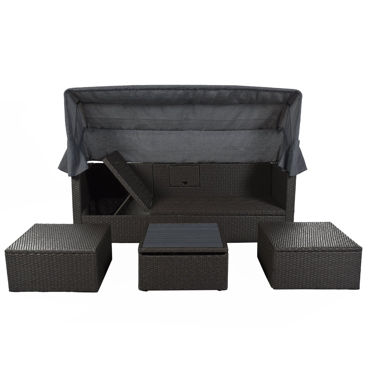 Outdoor Patio Rectangle Daybed With Retractable Canopy, Wicker Furniture Sectional Seating With Washable Cushions
