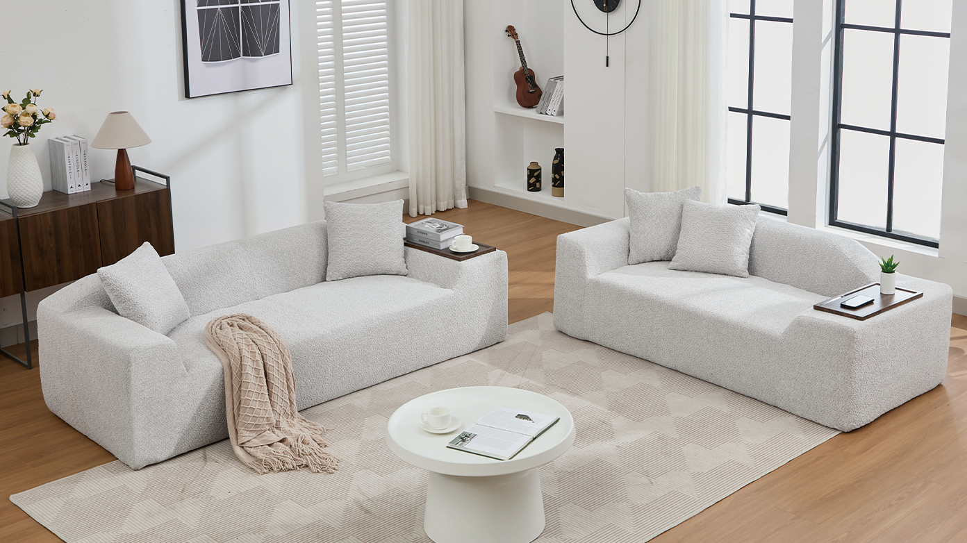2 Piece Boucle Cloud Sofa Set, Upholstered Sofa Set, Modern 3 Seater and 2 Seater Sofa With MDF End Table for Living Room