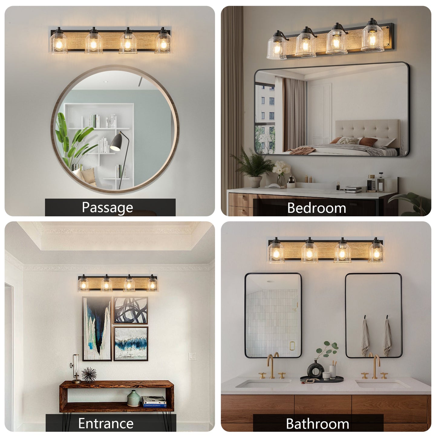 Farmhouse Vanity Light Fixture, 4-Light Bathroom Wall Sconce With Clear Seeded Glass Shades, Rustic Black Finish