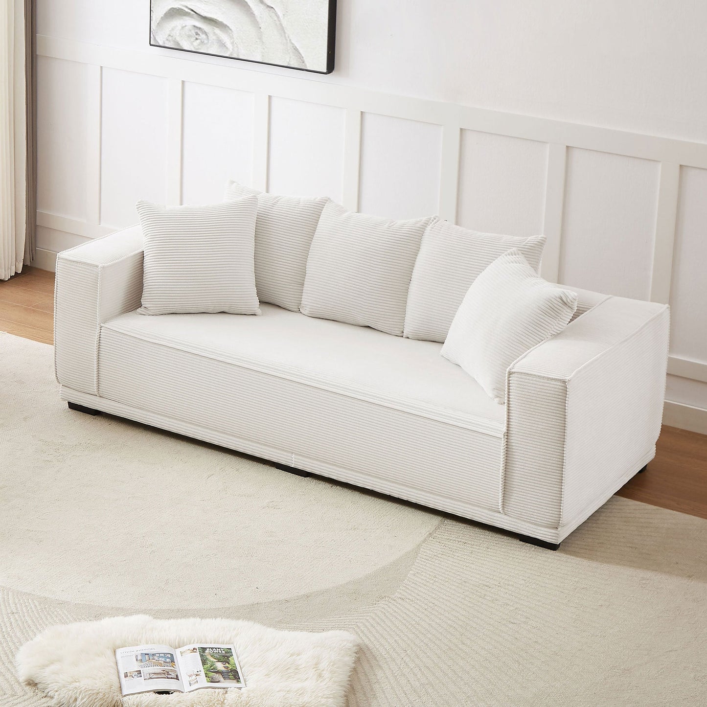 88.97'' Mid Century Modern Upholstered Sofa With 5 Matching Toss Pillows, Including Bottom Frame,Comfy Couches