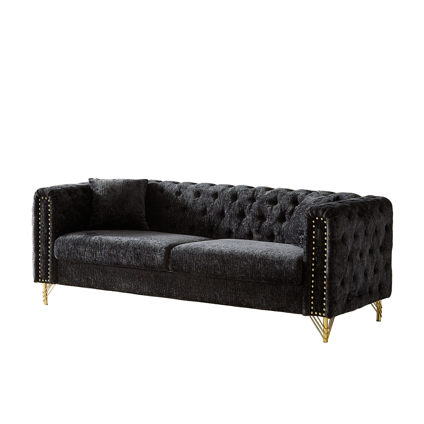 82-Inch Chenille Pull Buckle Design Sofa for Living Room,Buttons Tufted With Copper Nail Decoration Armrest, Modern Couch