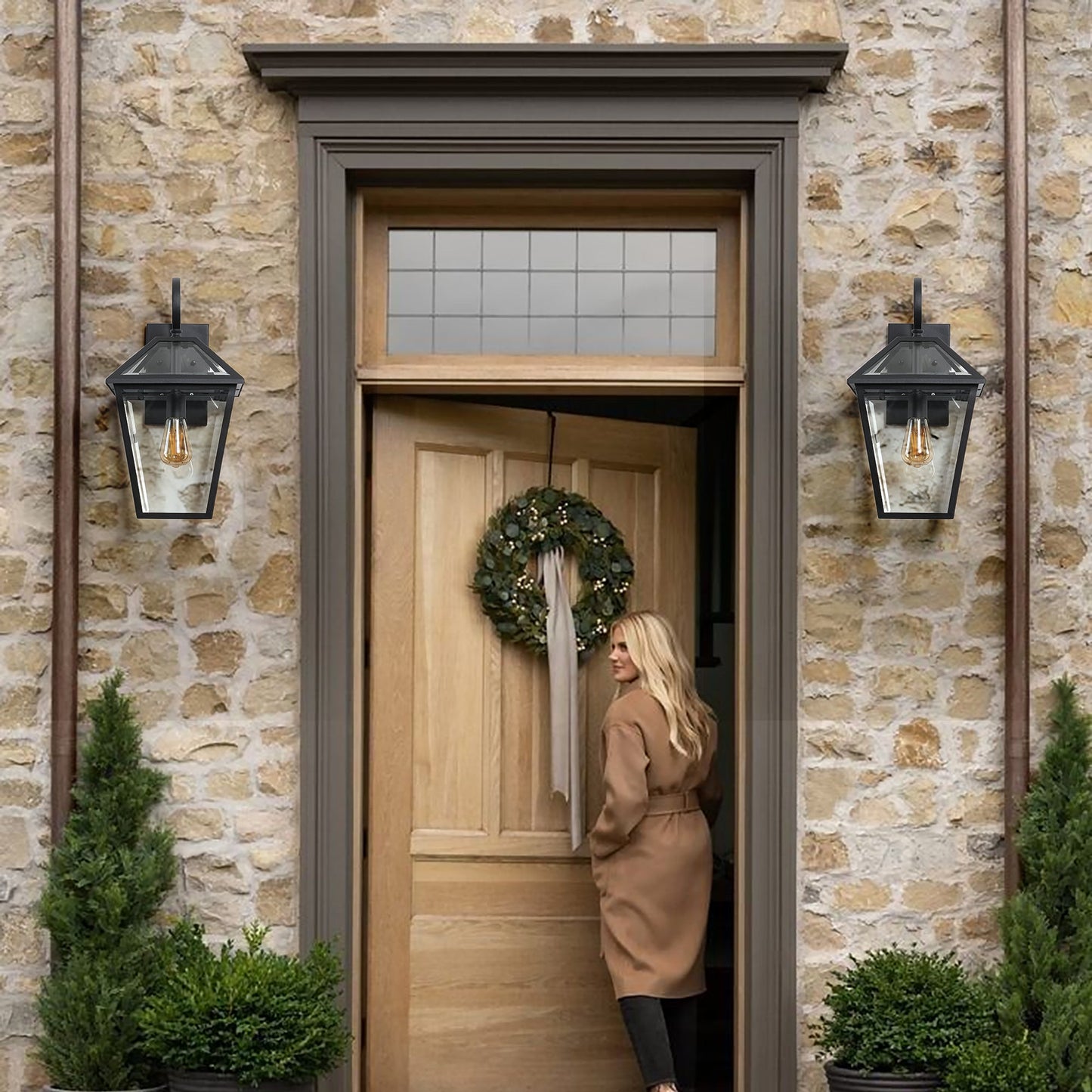 2-Pack Outdoor Wall Lanterns, Black Finish Weatherproof Wall Sconce With Clear Glass Panels, Vintage Exterior Light